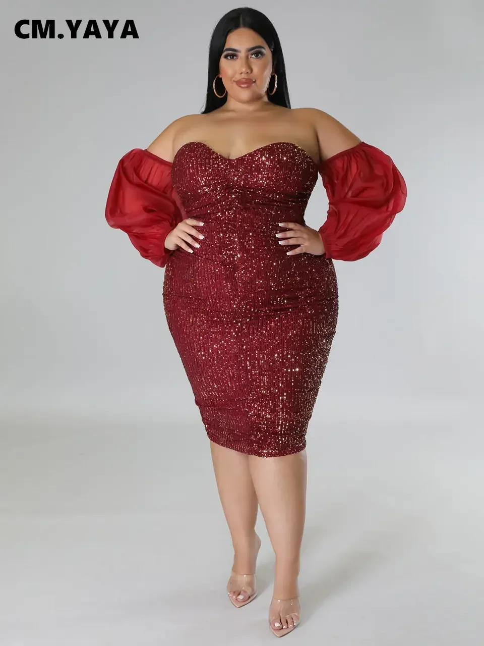 CM.YAYA Plus Size Women Mesh Lantern Sleeve Off Shoulder Sequined Bodycon Midi Dress 2023 Evening Sexy Party Dresses Vestidos CM.YAYA Plus Size Women Mesh Lantern Sleeve Off Shoulder Sequined Bodycon Midi Dress 2023 Evening Sexy Party Dresses Vestidos