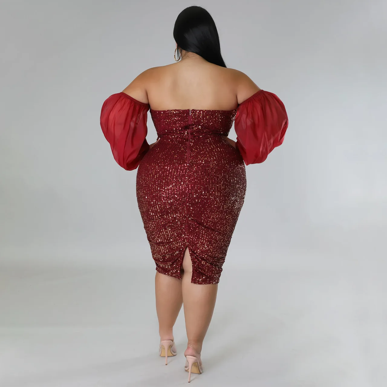 CM.YAYA Plus Size Women Mesh Lantern Sleeve Off Shoulder Sequined Bodycon Midi Dress 2023 Evening Sexy Party Dresses Vestidos