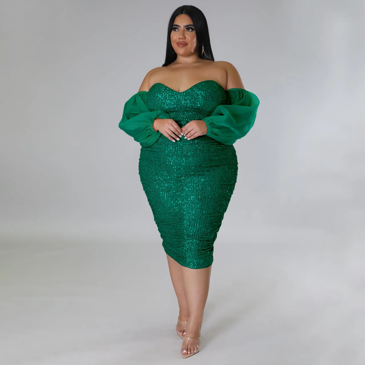 CM.YAYA Plus Size Women Mesh Lantern Sleeve Off Shoulder Sequined Bodycon Midi Dress 2023 Evening Sexy Party Dresses Vestidos