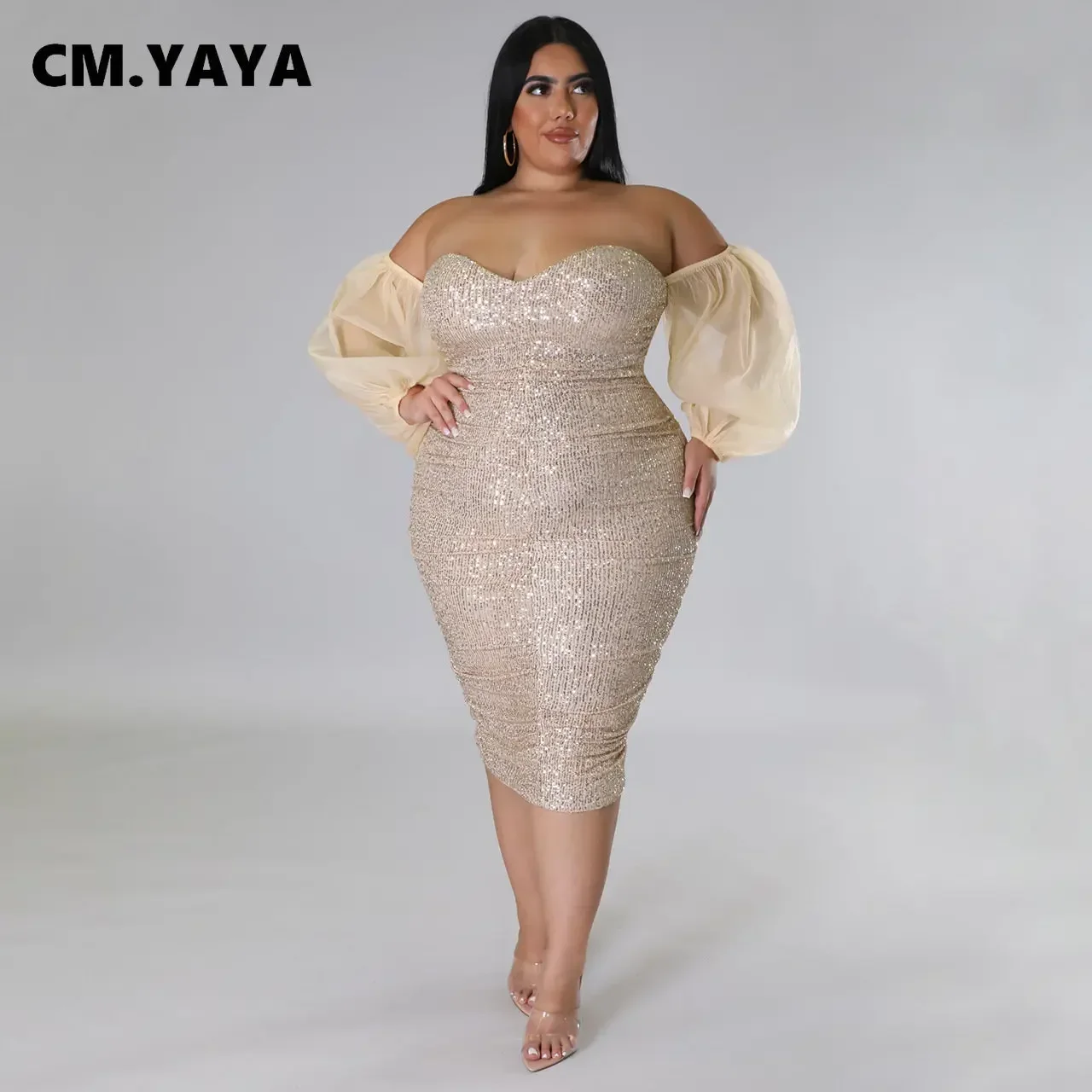 CM.YAYA Plus Size Women Mesh Lantern Sleeve Off Shoulder Sequined Bodycon Midi Dress 2023 Evening Sexy Party Dresses Vestidos CM.YAYA Plus Size Women Mesh Lantern Sleeve Off Shoulder Sequined Bodycon Midi Dress 2023 Evening Sexy Party Dresses Vestidos