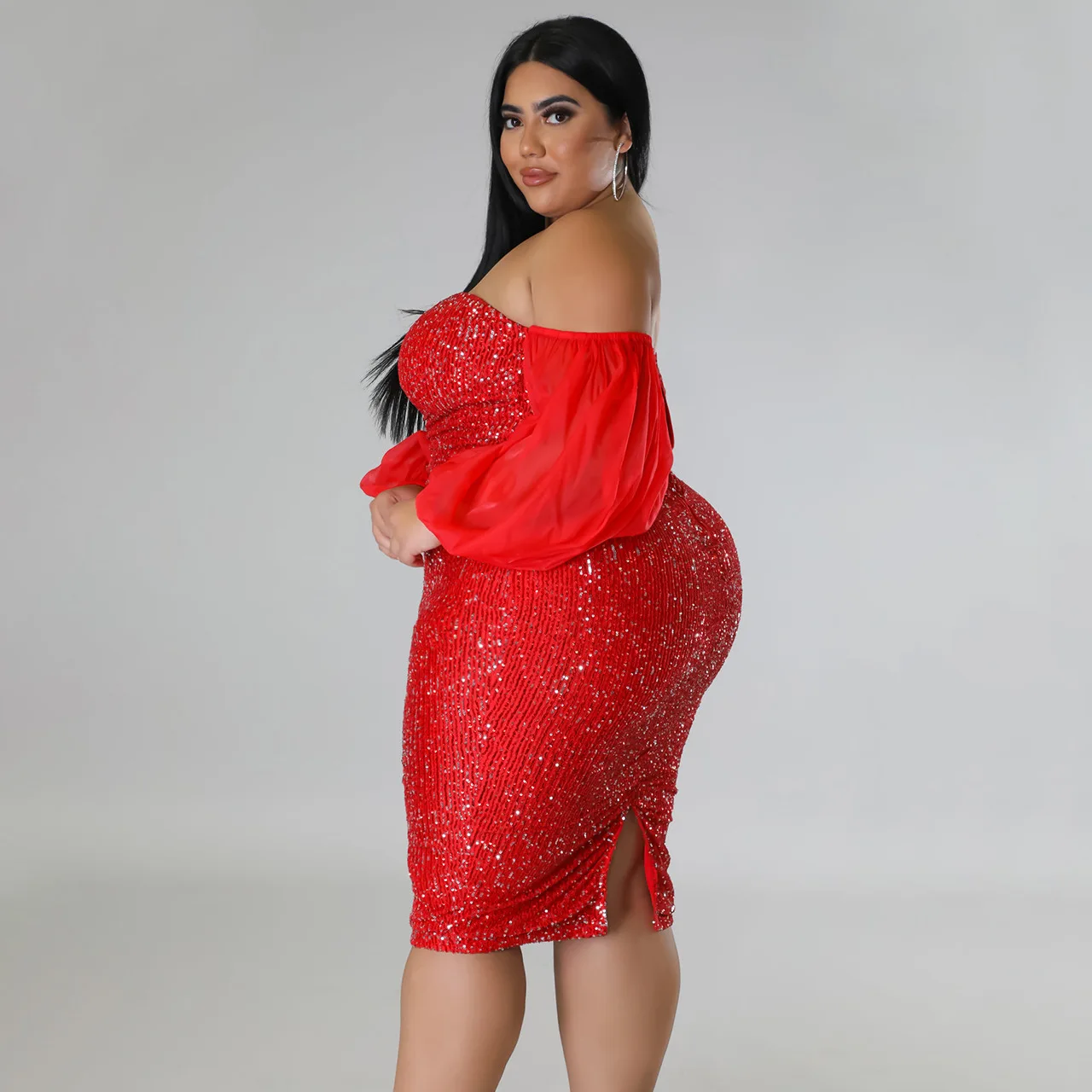 CM.YAYA Plus Size Women Mesh Lantern Sleeve Off Shoulder Sequined Bodycon Midi Dress 2023 Evening Sexy Party Dresses Vestidos