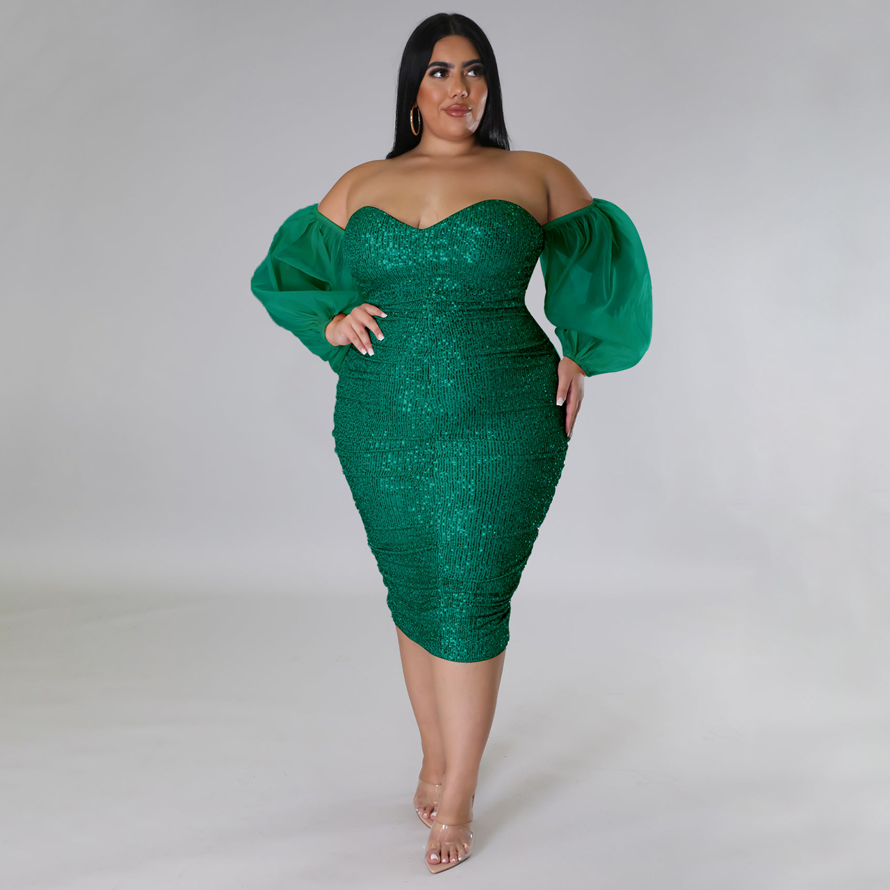 CM.YAYA Plus Size Women Mesh Lantern Sleeve Off Shoulder Sequined Bodycon Midi Dress 2023 Evening Sexy Party Dresses Vestidos