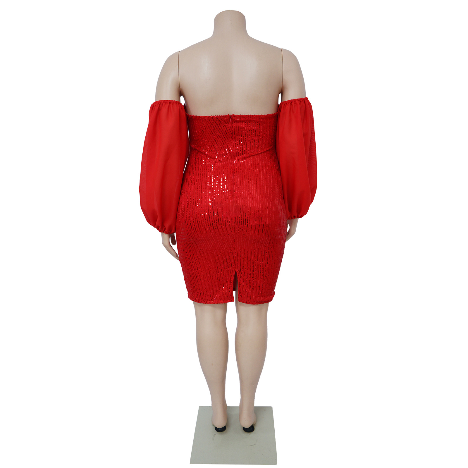 CM.YAYA Plus Size Women Mesh Lantern Sleeve Off Shoulder Sequined Bodycon Midi Dress 2023 Evening Sexy Party Dresses Vestidos