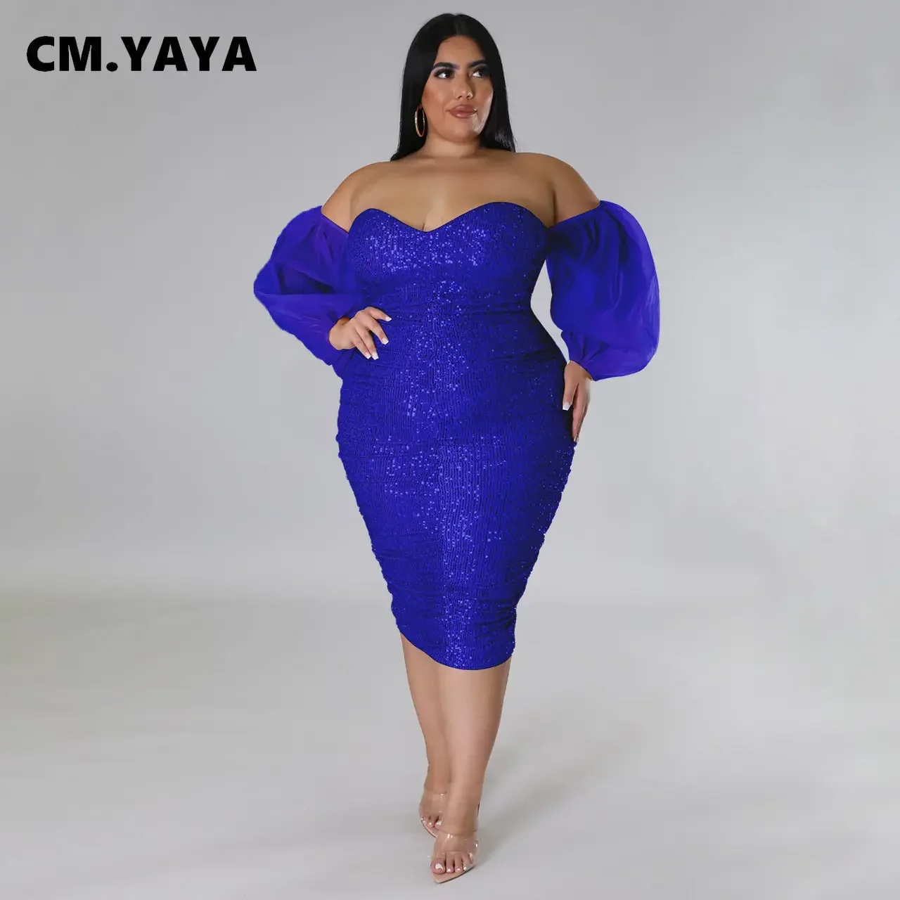 CM.YAYA Plus Size Women Mesh Lantern Sleeve Off Shoulder Sequined Bodycon Midi Dress 2023 Evening Sexy Party Dresses Vestidos CM.YAYA Plus Size Women Mesh Lantern Sleeve Off Shoulder Sequined Bodycon Midi Dress 2023 Evening Sexy Party Dresses Vestidos