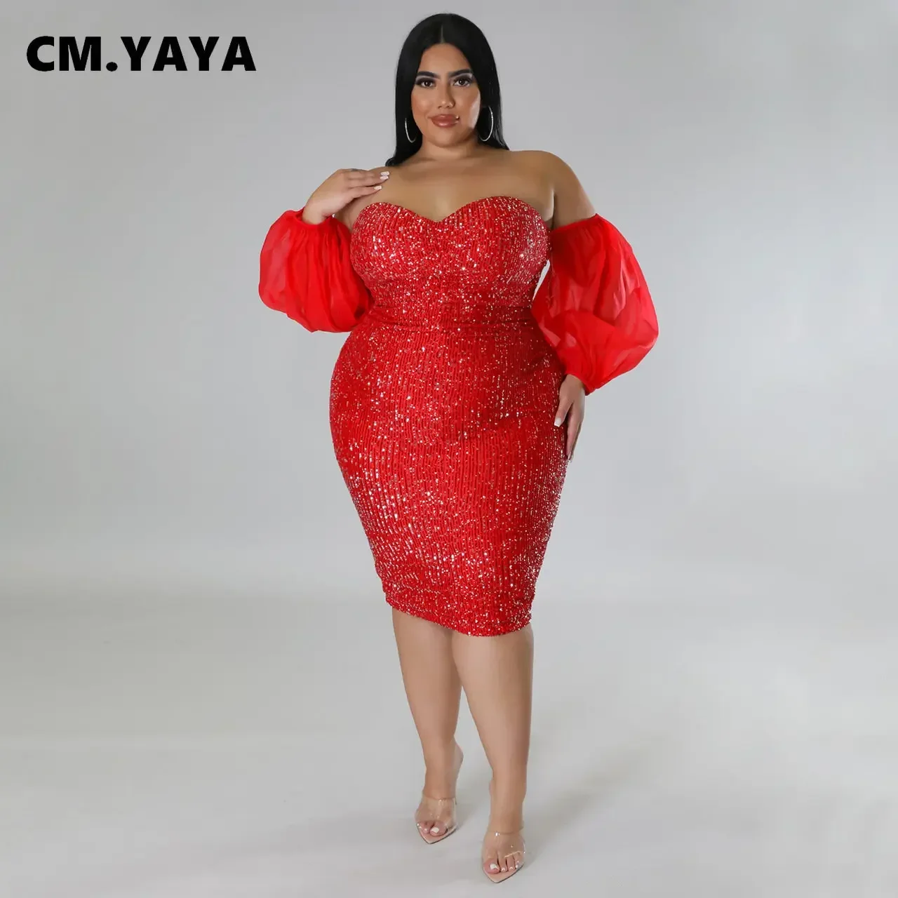 CM.YAYA Plus Size Women Mesh Lantern Sleeve Off Shoulder Sequined Bodycon Midi Dress 2023 Evening Sexy Party Dresses Vestidos CM.YAYA Plus Size Women Mesh Lantern Sleeve Off Shoulder Sequined Bodycon Midi Dress 2023 Evening Sexy Party Dresses Vestidos