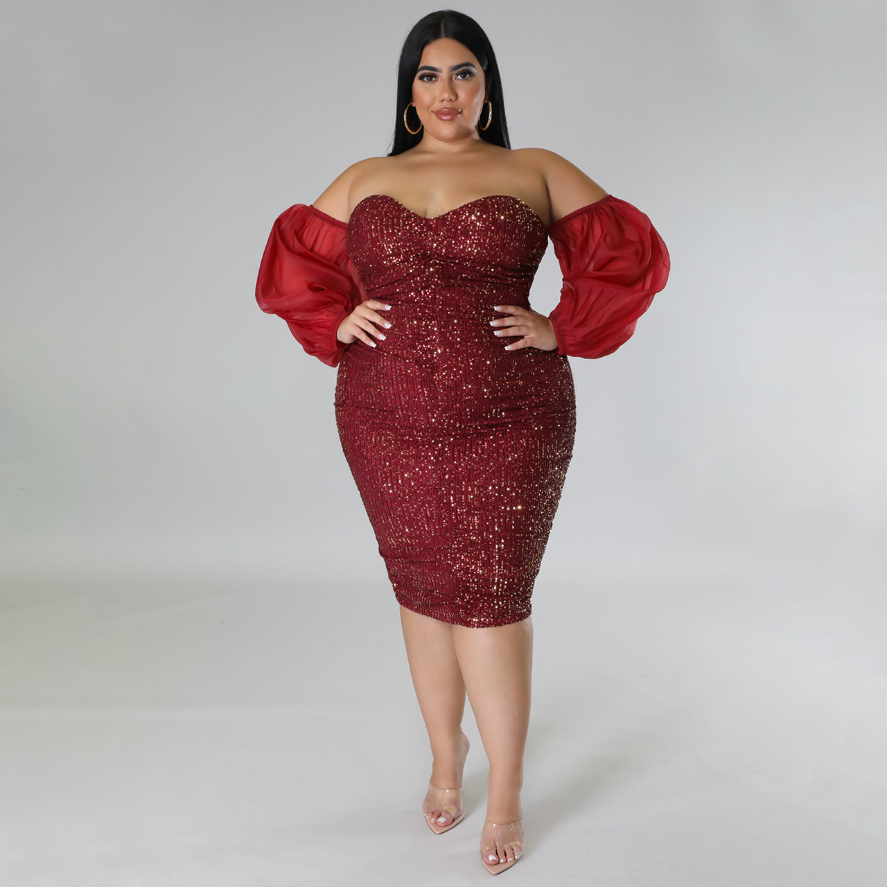 CM.YAYA Plus Size Women Mesh Lantern Sleeve Off Shoulder Sequined Bodycon Midi Dress 2023 Evening Sexy Party Dresses Vestidos