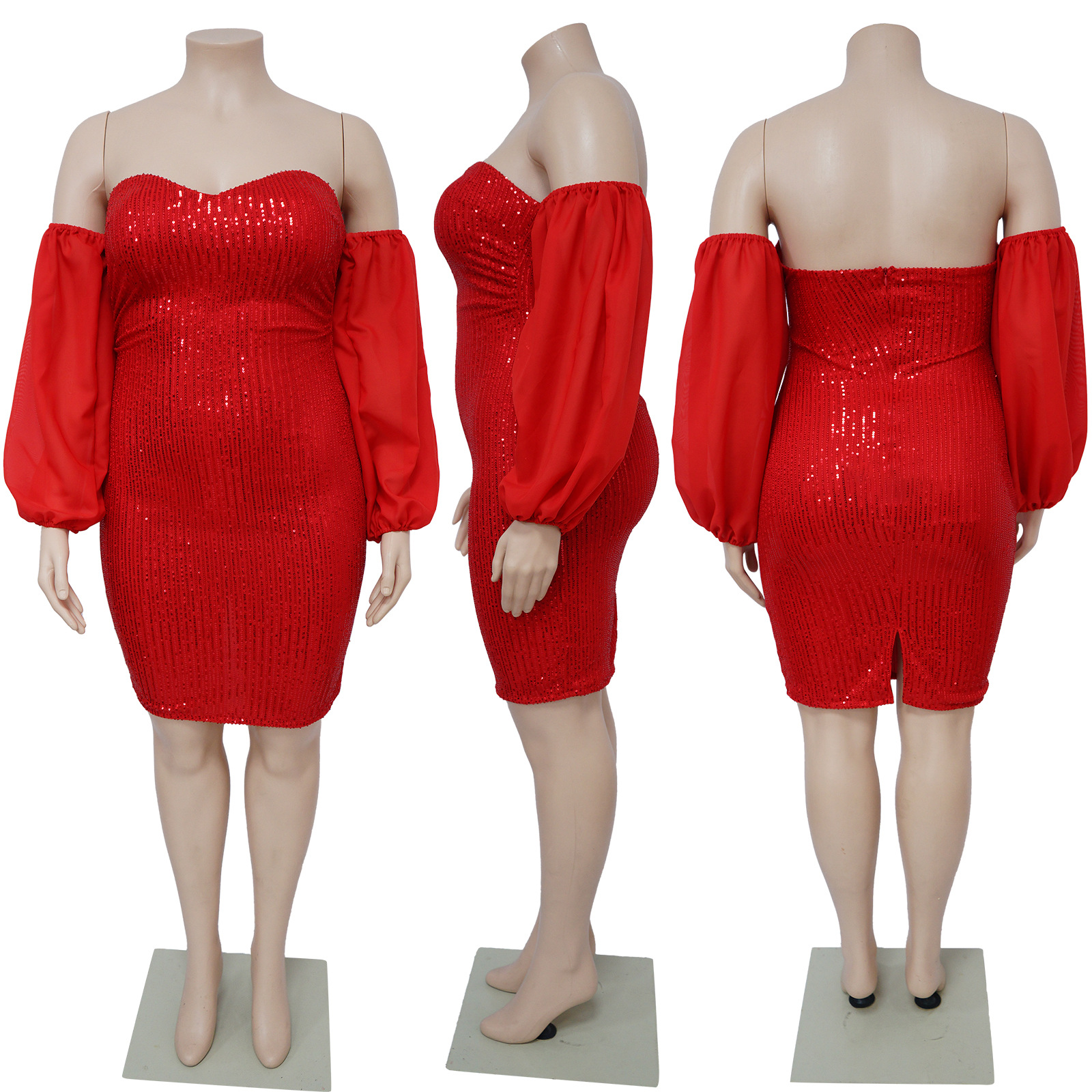 CM.YAYA Plus Size Women Mesh Lantern Sleeve Off Shoulder Sequined Bodycon Midi Dress 2023 Evening Sexy Party Dresses Vestidos