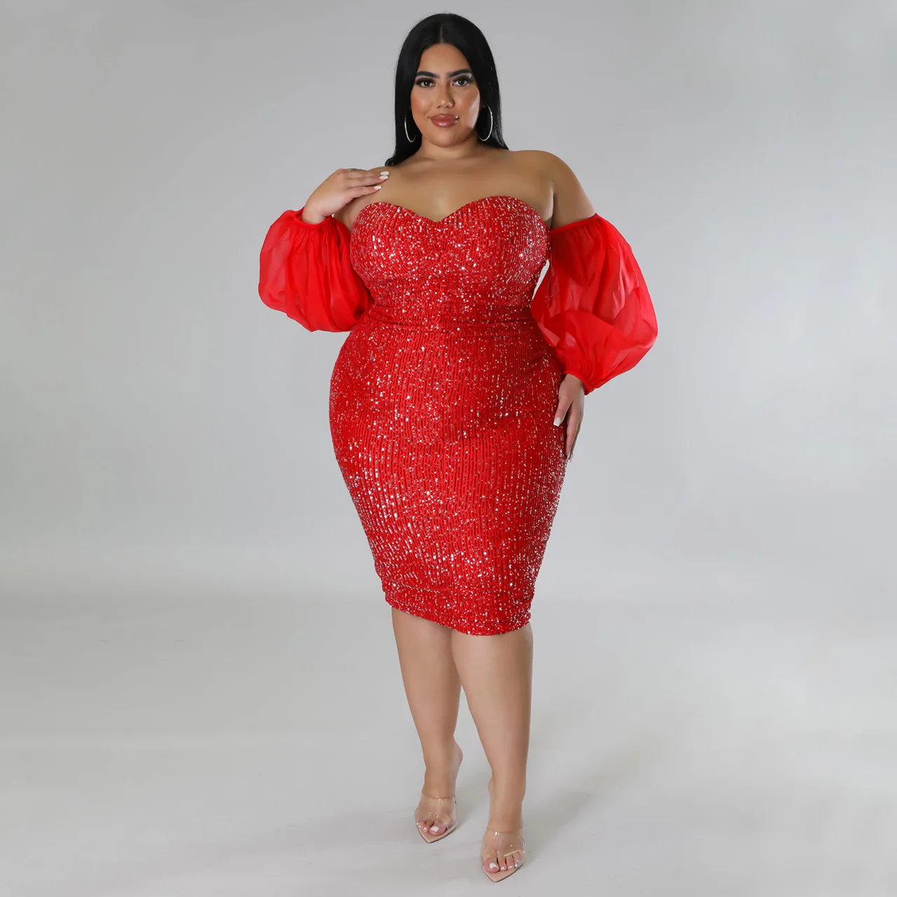 CM.YAYA Plus Size Women Mesh Lantern Sleeve Off Shoulder Sequined Bodycon Midi Dress 2023 Evening Sexy Party Dresses Vestidos
