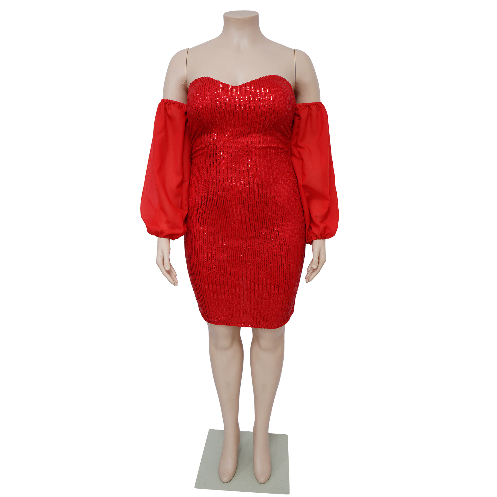 CM.YAYA Plus Size Women Mesh Lantern Sleeve Off Shoulder Sequined Bodycon Midi Dress 2023 Evening Sexy Party Dresses Vestidos