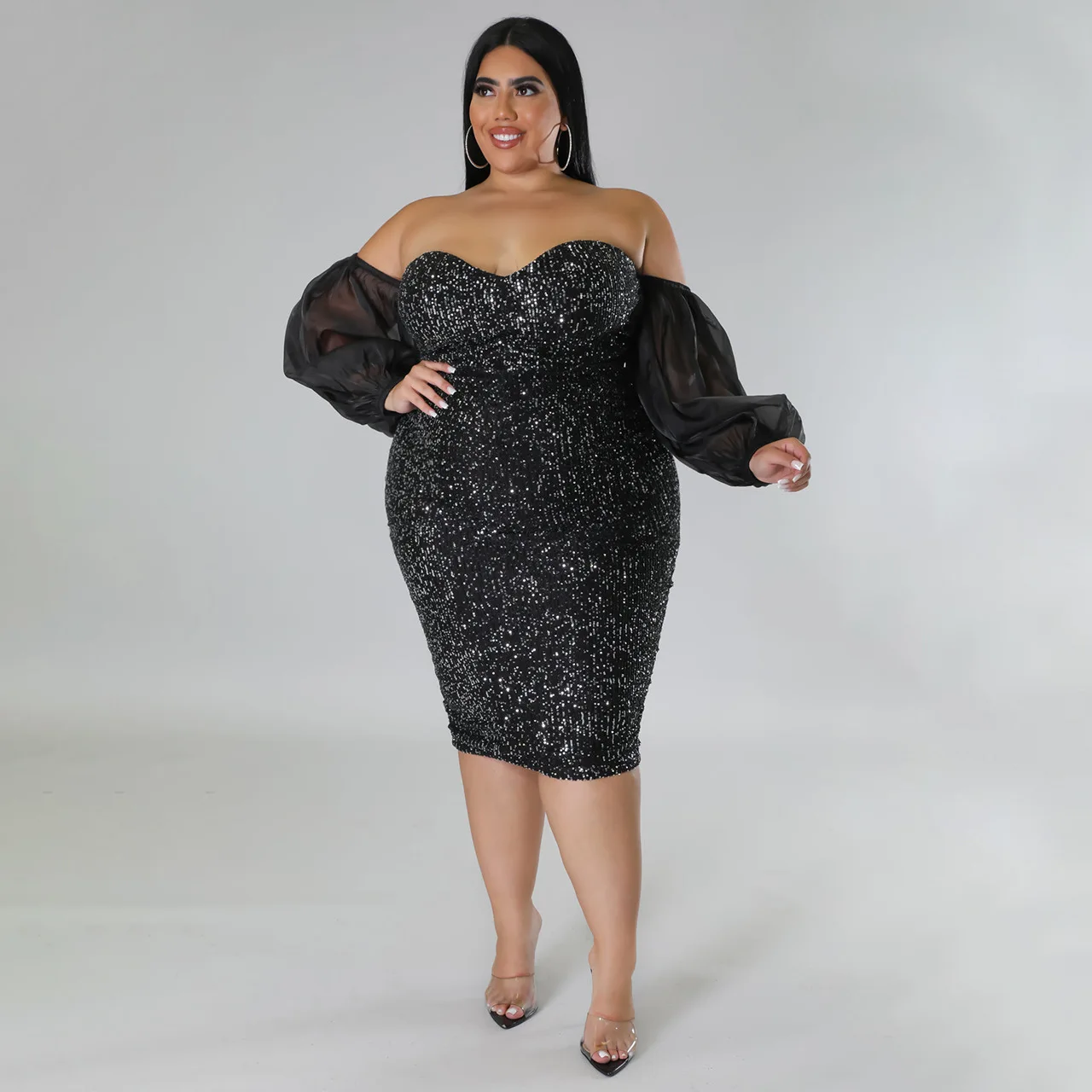 CM.YAYA Plus Size Women Mesh Lantern Sleeve Off Shoulder Sequined Bodycon Midi Dress 2023 Evening Sexy Party Dresses Vestidos