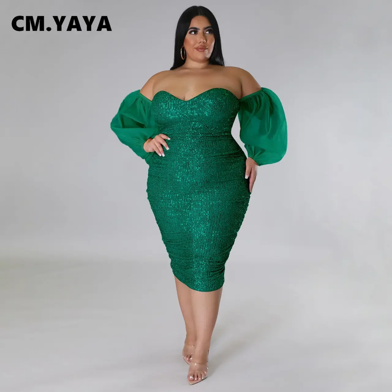 CM.YAYA Plus Size Women Mesh Lantern Sleeve Off Shoulder Sequined Bodycon Midi Dress 2023 Evening Sexy Party Dresses Vestidos CM.YAYA Plus Size Women Mesh Lantern Sleeve Off Shoulder Sequined Bodycon Midi Dress 2023 Evening Sexy Party Dresses Vestidos