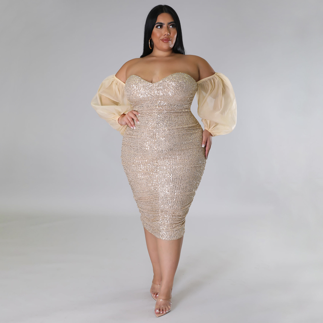 CM.YAYA Plus Size Women Mesh Lantern Sleeve Off Shoulder Sequined Bodycon Midi Dress 2023 Evening Sexy Party Dresses Vestidos