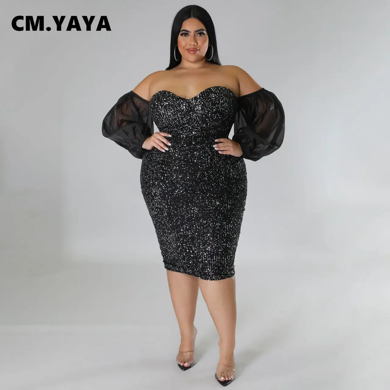 CM.YAYA Plus Size Women Mesh Lantern Sleeve Off Shoulder Sequined Bodycon Midi Dress 2023 Evening Sexy Party Dresses Vestidos CM.YAYA Plus Size Women Mesh Lantern Sleeve Off Shoulder Sequined Bodycon Midi Dress 2023 Evening Sexy Party Dresses Vestidos