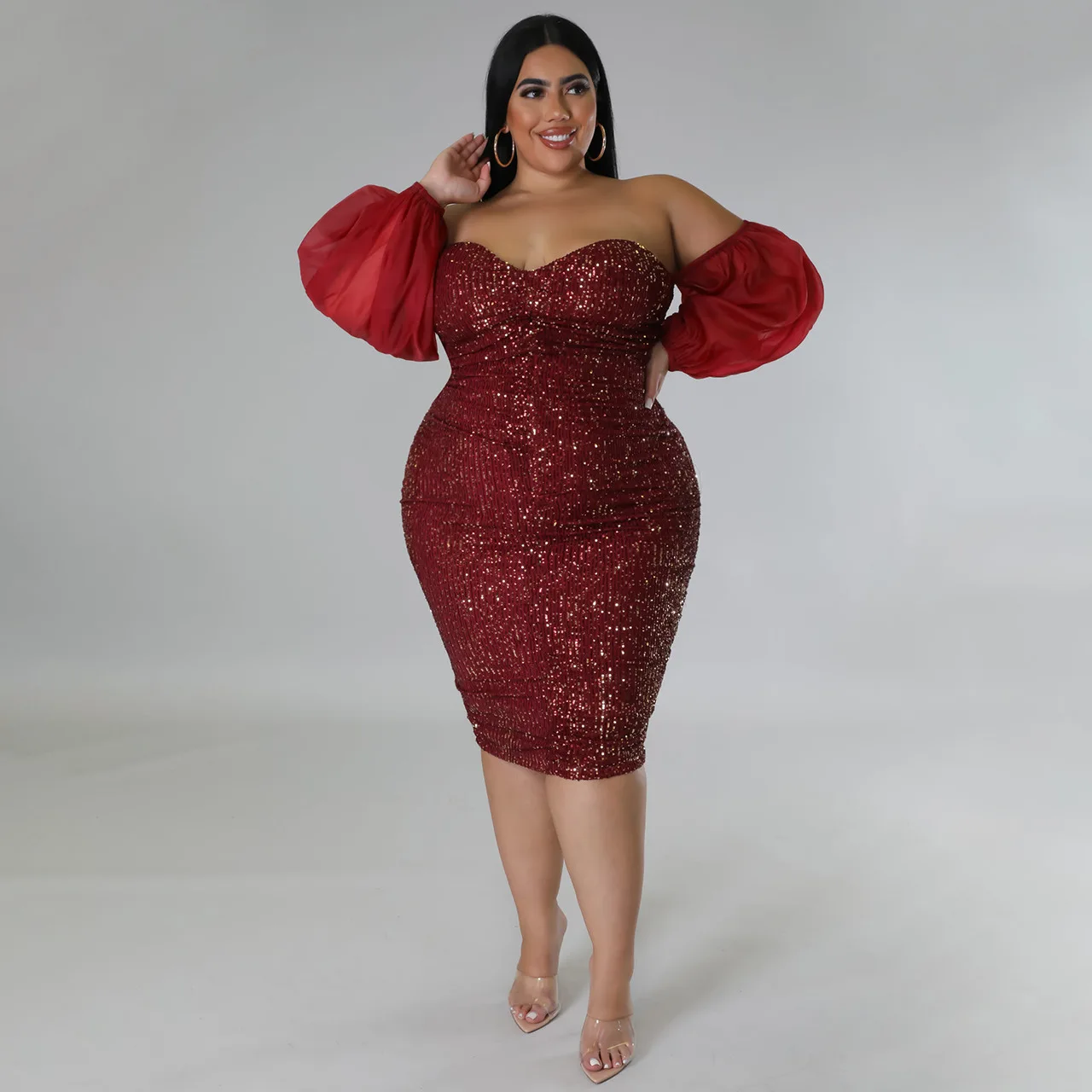 CM.YAYA Plus Size Women Mesh Lantern Sleeve Off Shoulder Sequined Bodycon Midi Dress 2023 Evening Sexy Party Dresses Vestidos