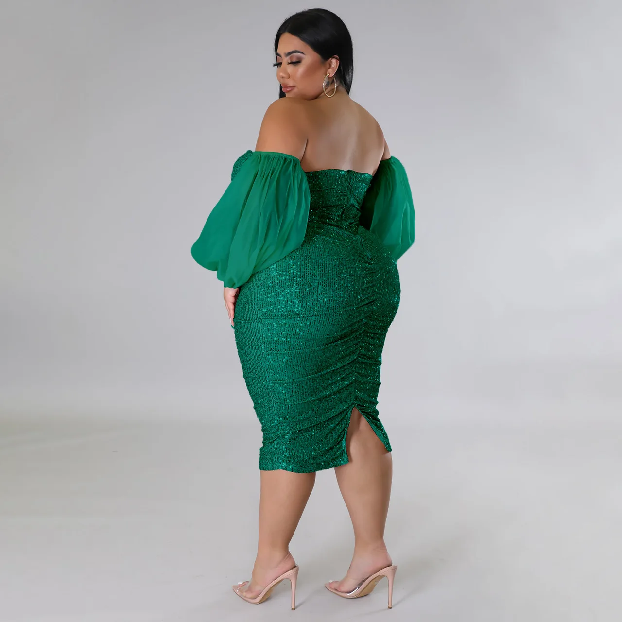 CM.YAYA Plus Size Women Mesh Lantern Sleeve Off Shoulder Sequined Bodycon Midi Dress 2023 Evening Sexy Party Dresses Vestidos