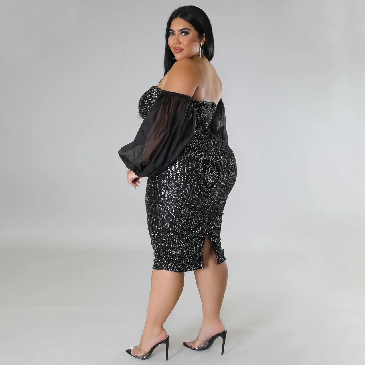 CM.YAYA Plus Size Women Mesh Lantern Sleeve Off Shoulder Sequined Bodycon Midi Dress 2023 Evening Sexy Party Dresses Vestidos
