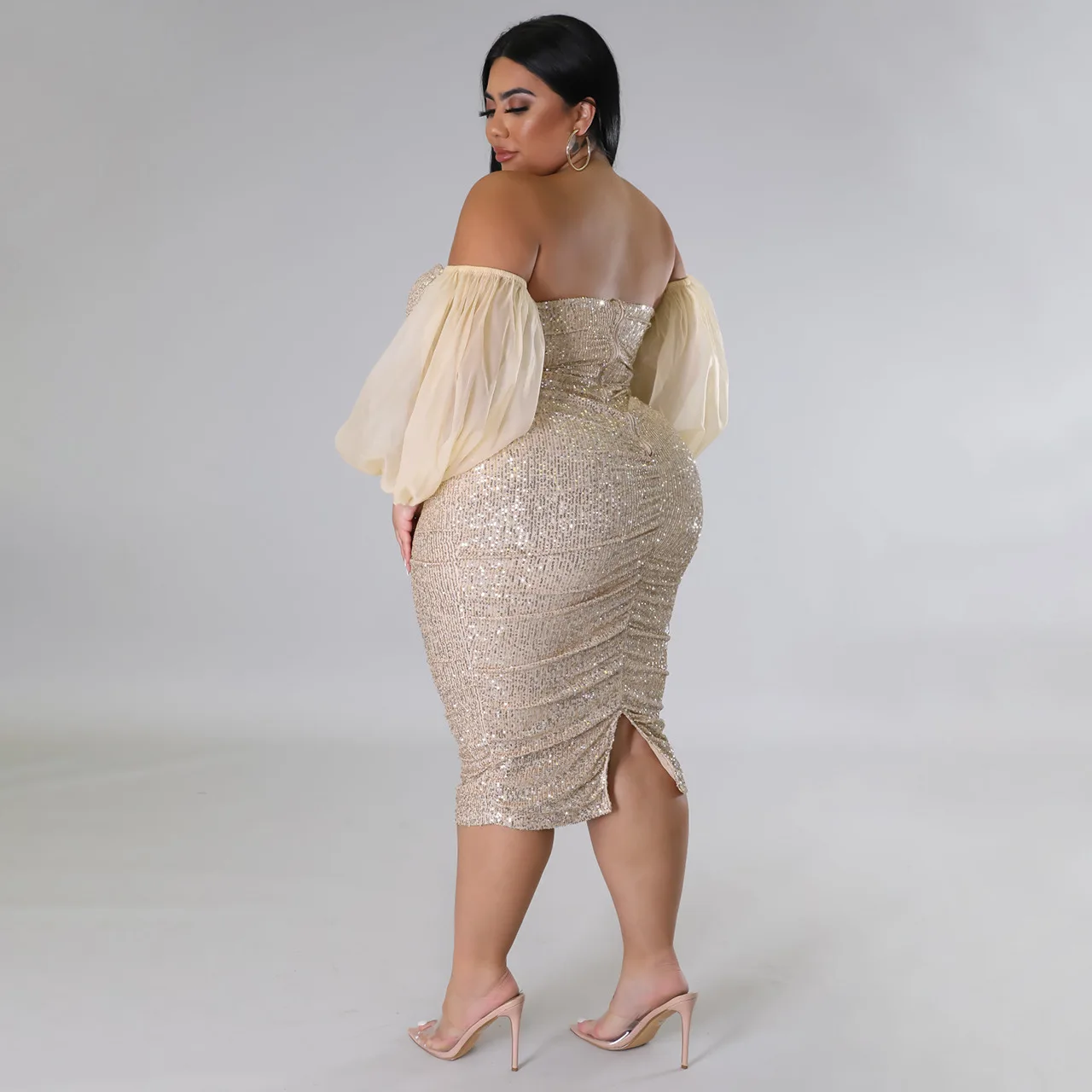 CM.YAYA Plus Size Women Mesh Lantern Sleeve Off Shoulder Sequined Bodycon Midi Dress 2023 Evening Sexy Party Dresses Vestidos