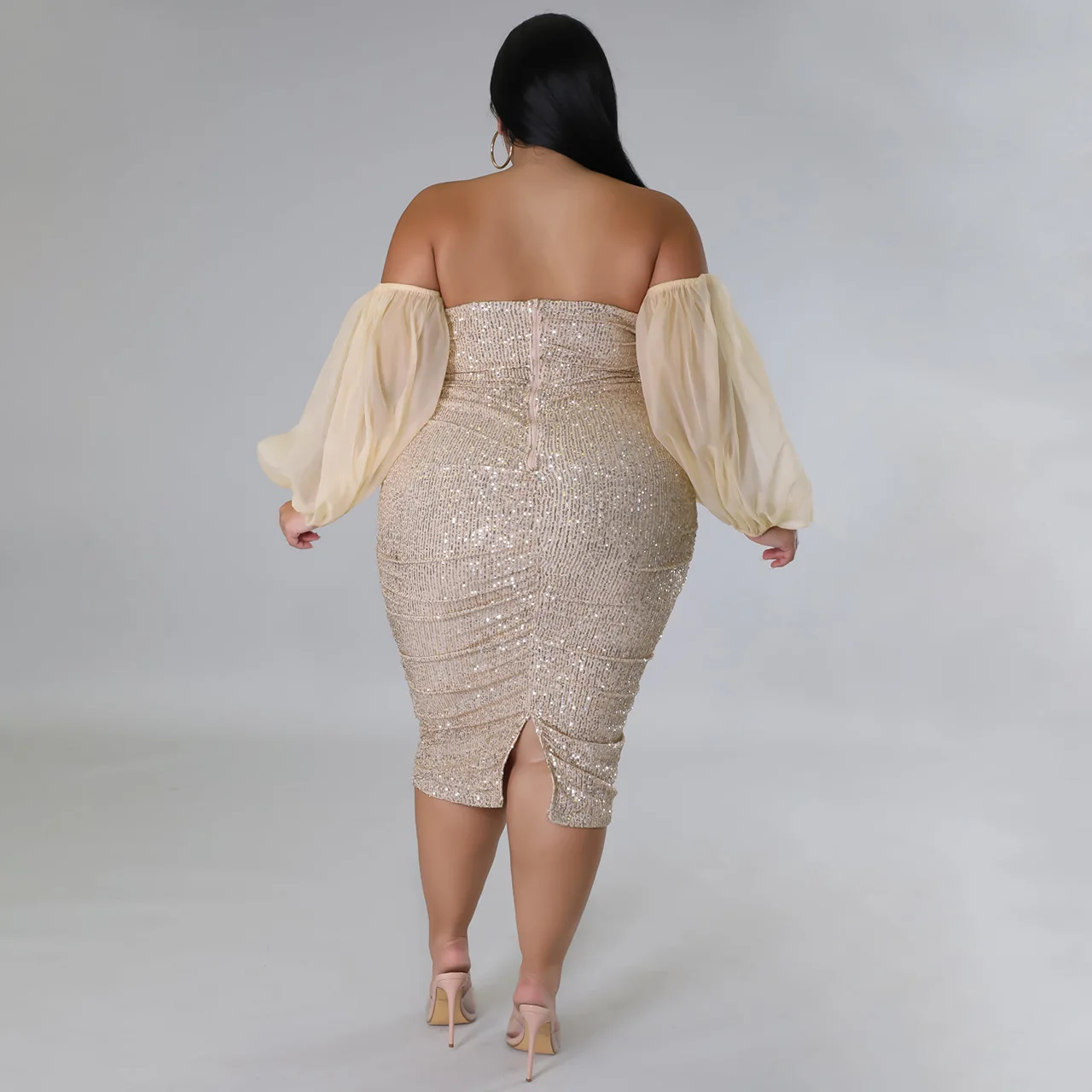 CM.YAYA Plus Size Women Mesh Lantern Sleeve Off Shoulder Sequined Bodycon Midi Dress 2023 Evening Sexy Party Dresses Vestidos