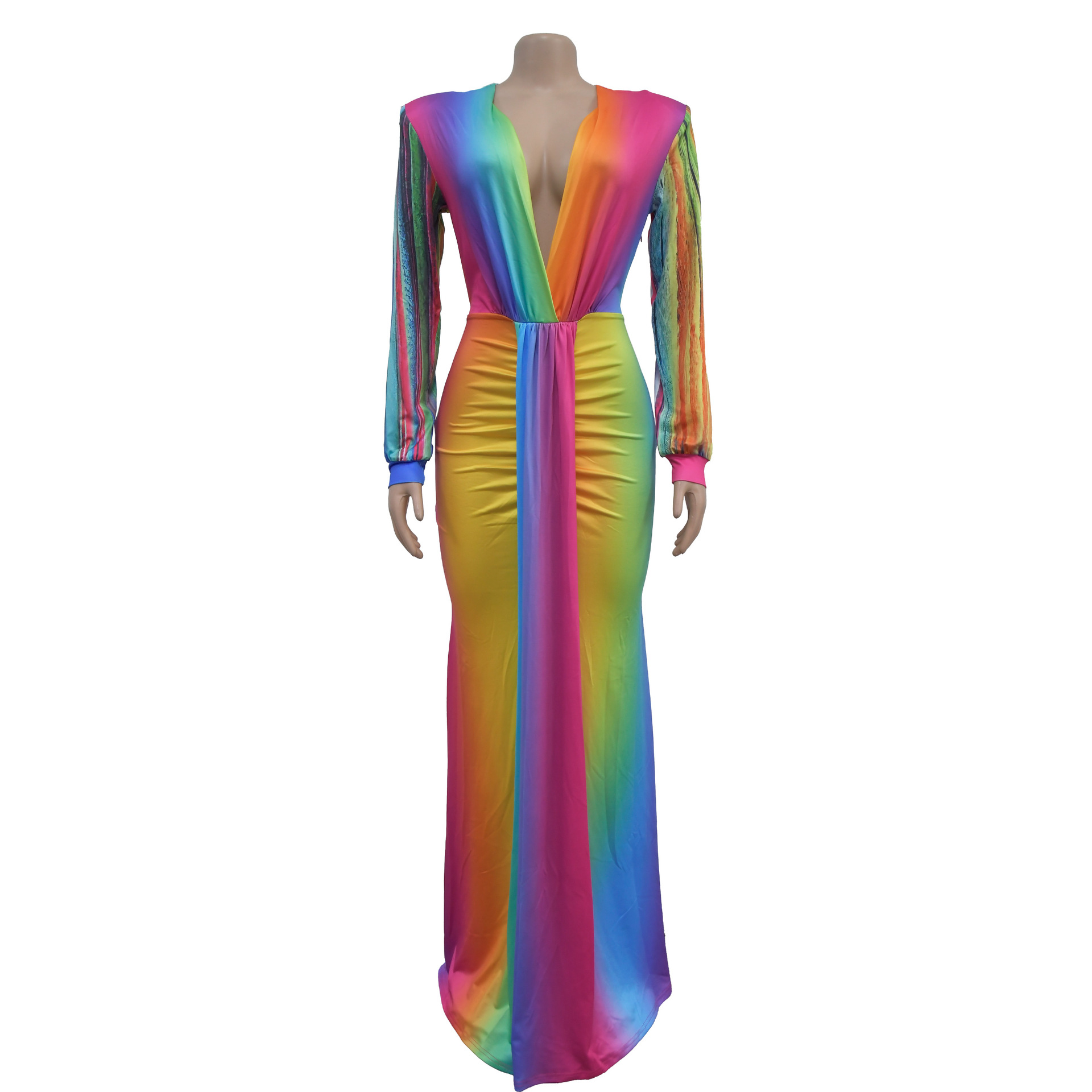 CM.YAYA Summer Holiday Full Sleeve V-Neck Long Maxi Dress Street Ruched Women Gradient Print Party Night Evening Vestido Dresses