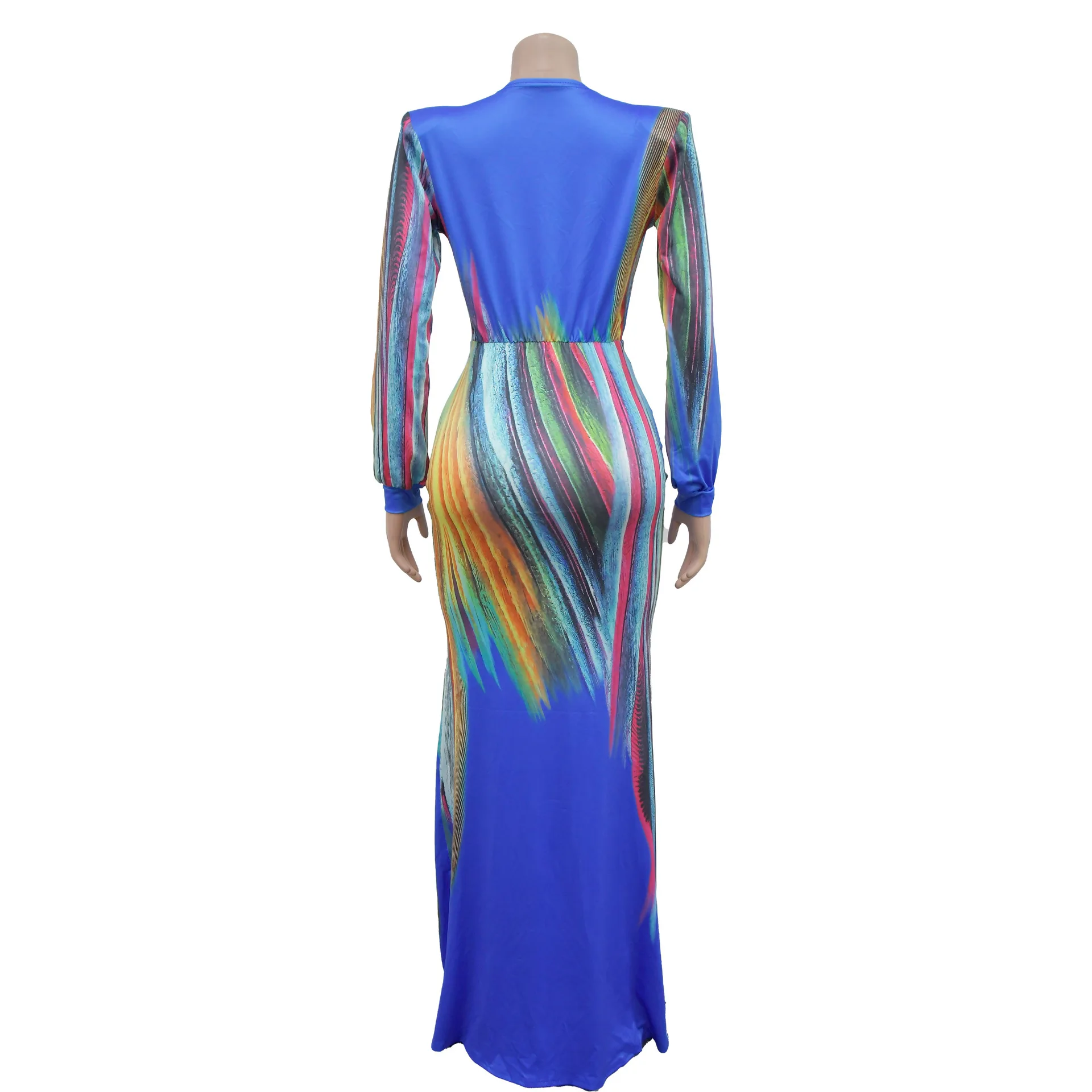 CM.YAYA Summer Holiday Full Sleeve V-Neck Long Maxi Dress Street Ruched Women Gradient Print Party Night Evening Vestido Dresses