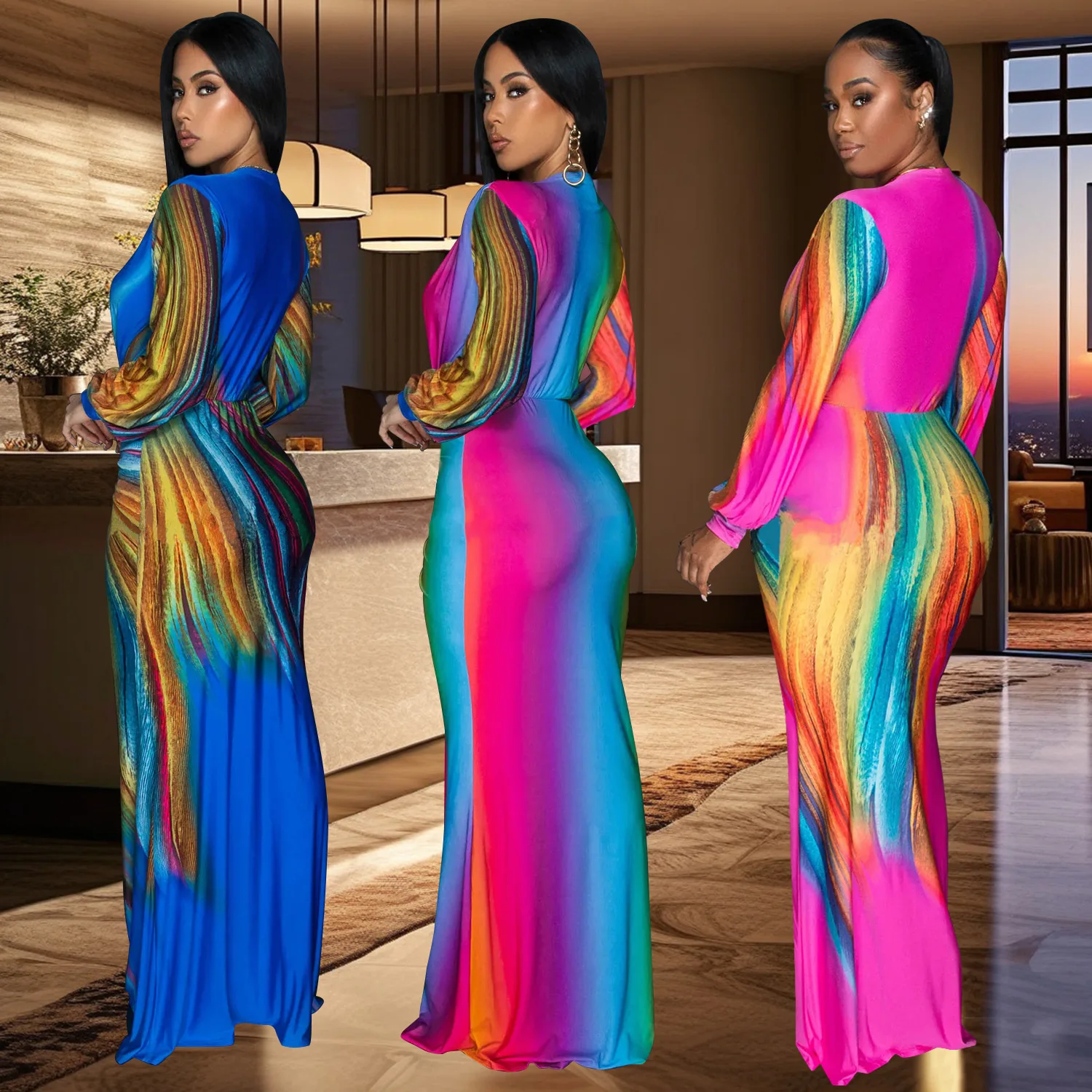 CM.YAYA Summer Holiday Full Sleeve V-Neck Long Maxi Dress Street Ruched Women Gradient Print Party Night Evening Vestido Dresses