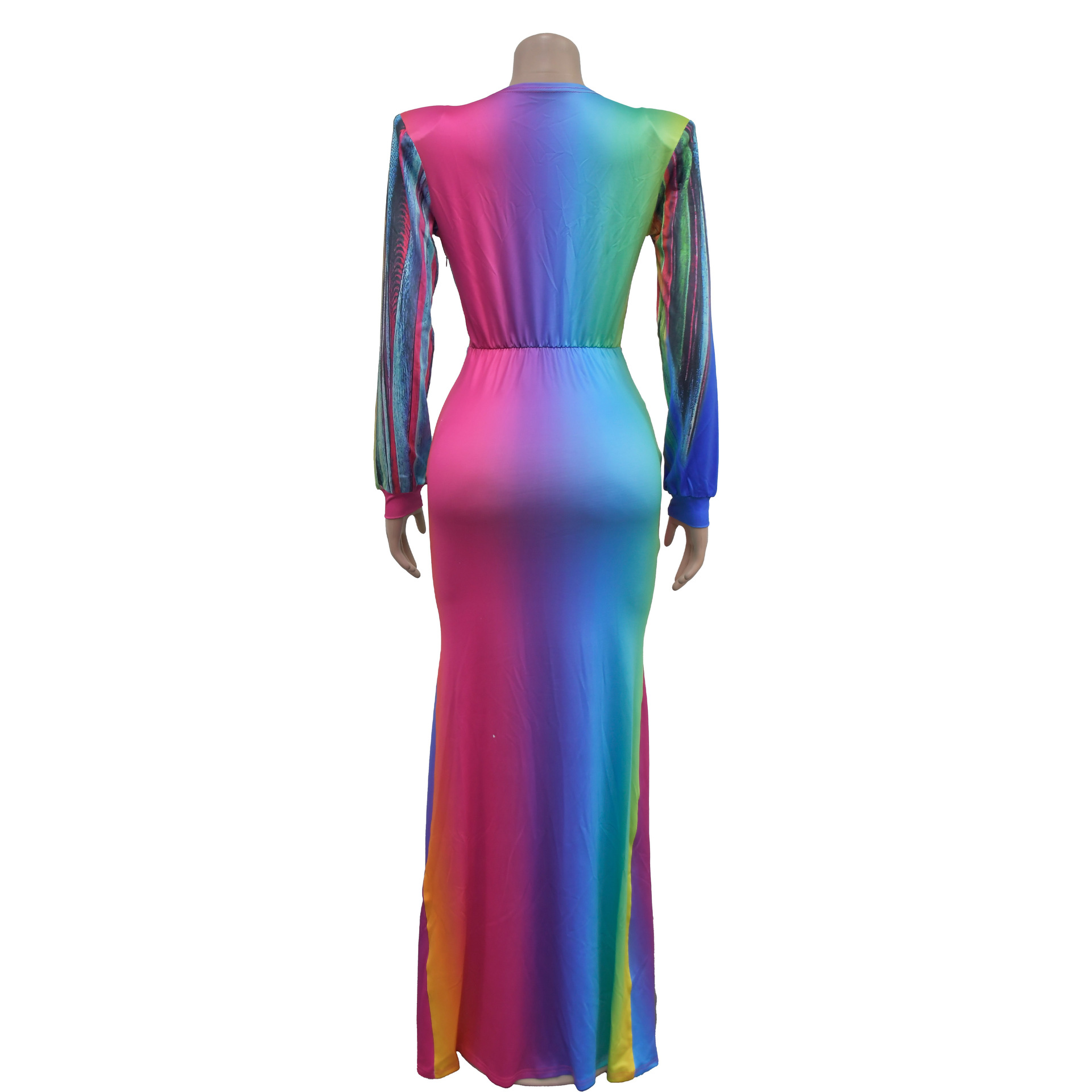 CM.YAYA Summer Holiday Full Sleeve V-Neck Long Maxi Dress Street Ruched Women Gradient Print Party Night Evening Vestido Dresses