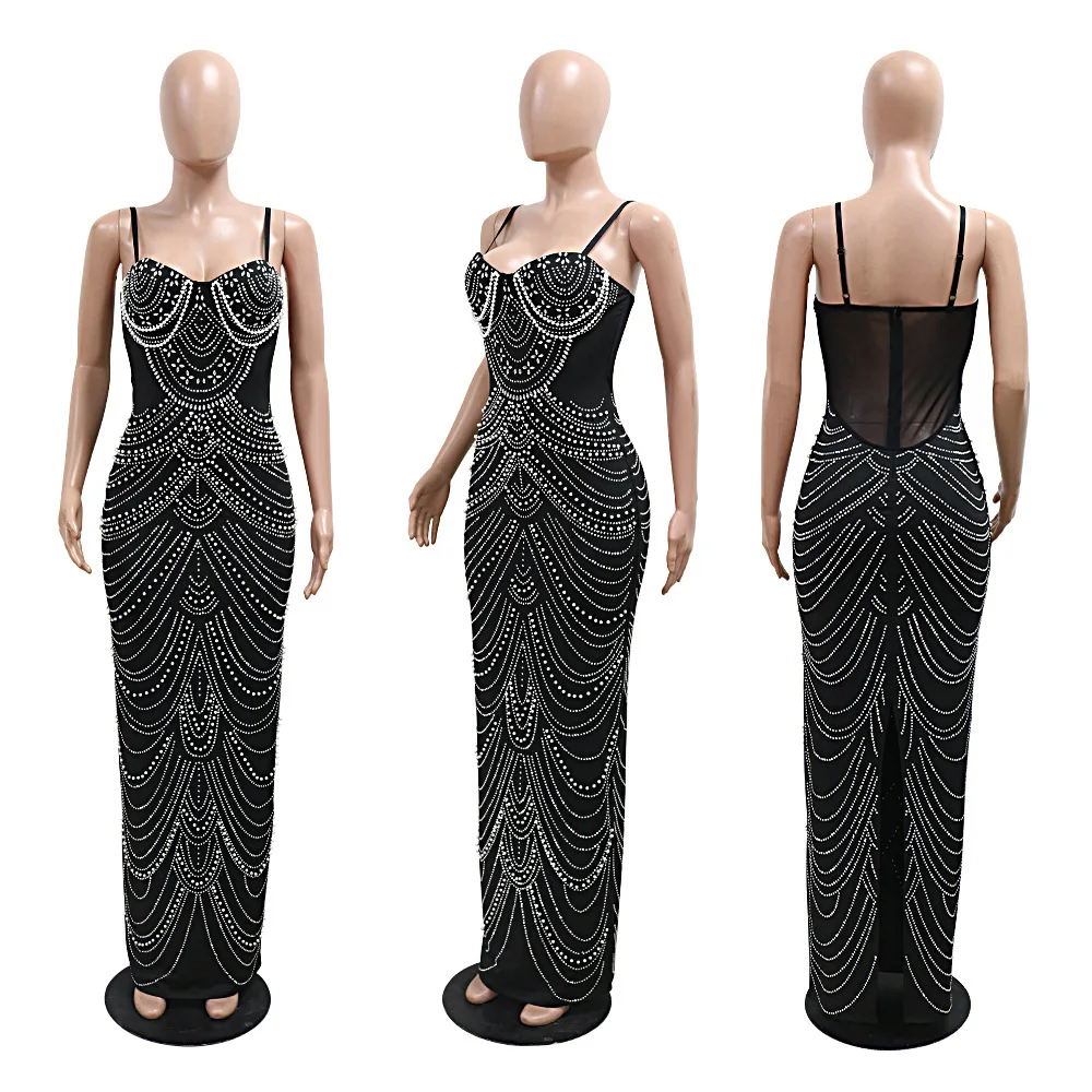 CM.YAYA Women Diamonds Hot Rhinestones Pearl Strapless Bodycon Long Maxi Dress 2024 Sexy Street Evening Party Club Long Dresses
