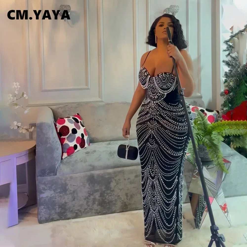 CM.YAYA Women Diamonds Hot Rhinestones Pearl Strapless Bodycon Long Maxi Dress 2024 Sexy Street Evening Party Club Long Dresses