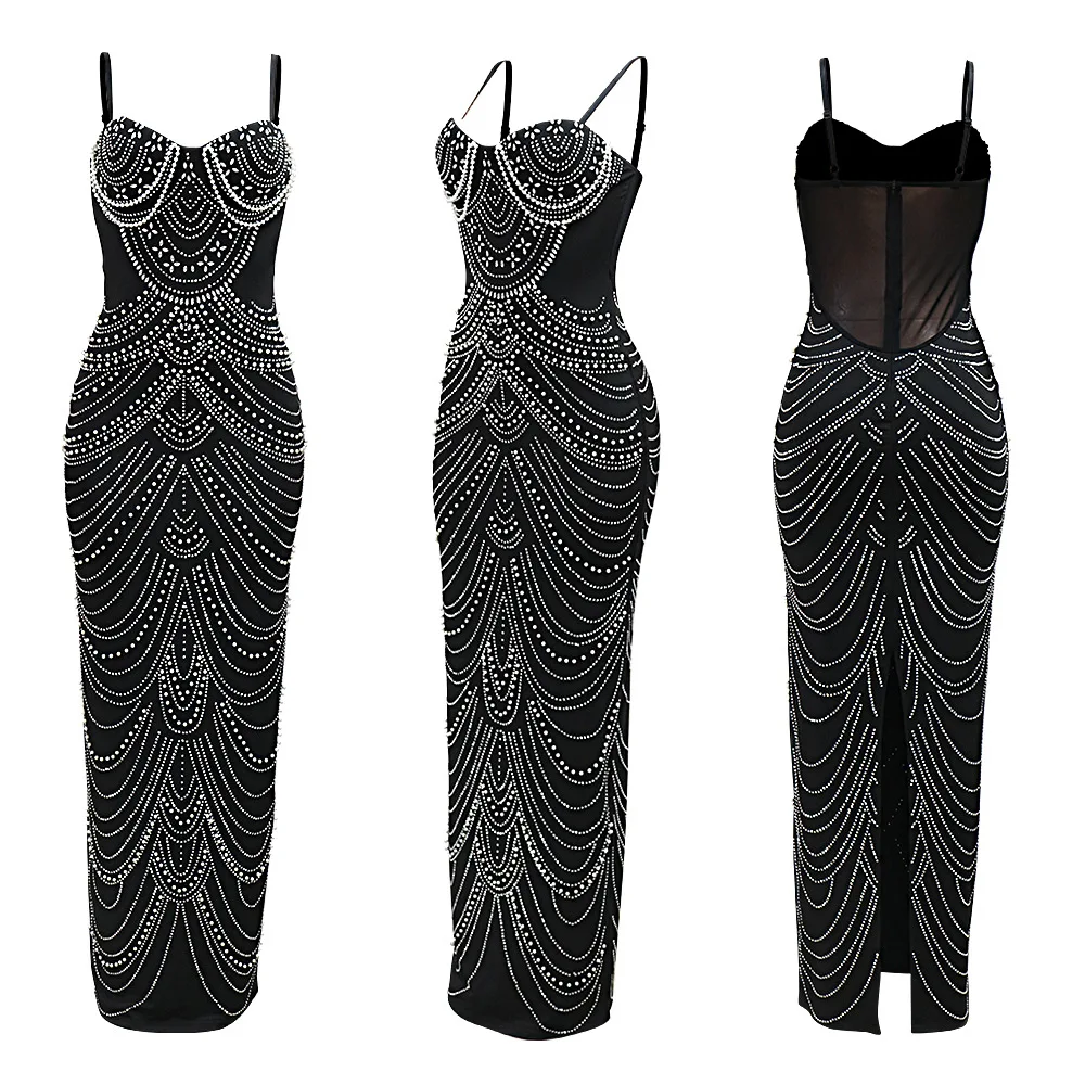CM.YAYA Women Diamonds Hot Rhinestones Pearl Strapless Bodycon Long Maxi Dress 2024 Sexy Street Evening Party Club Long Dresses