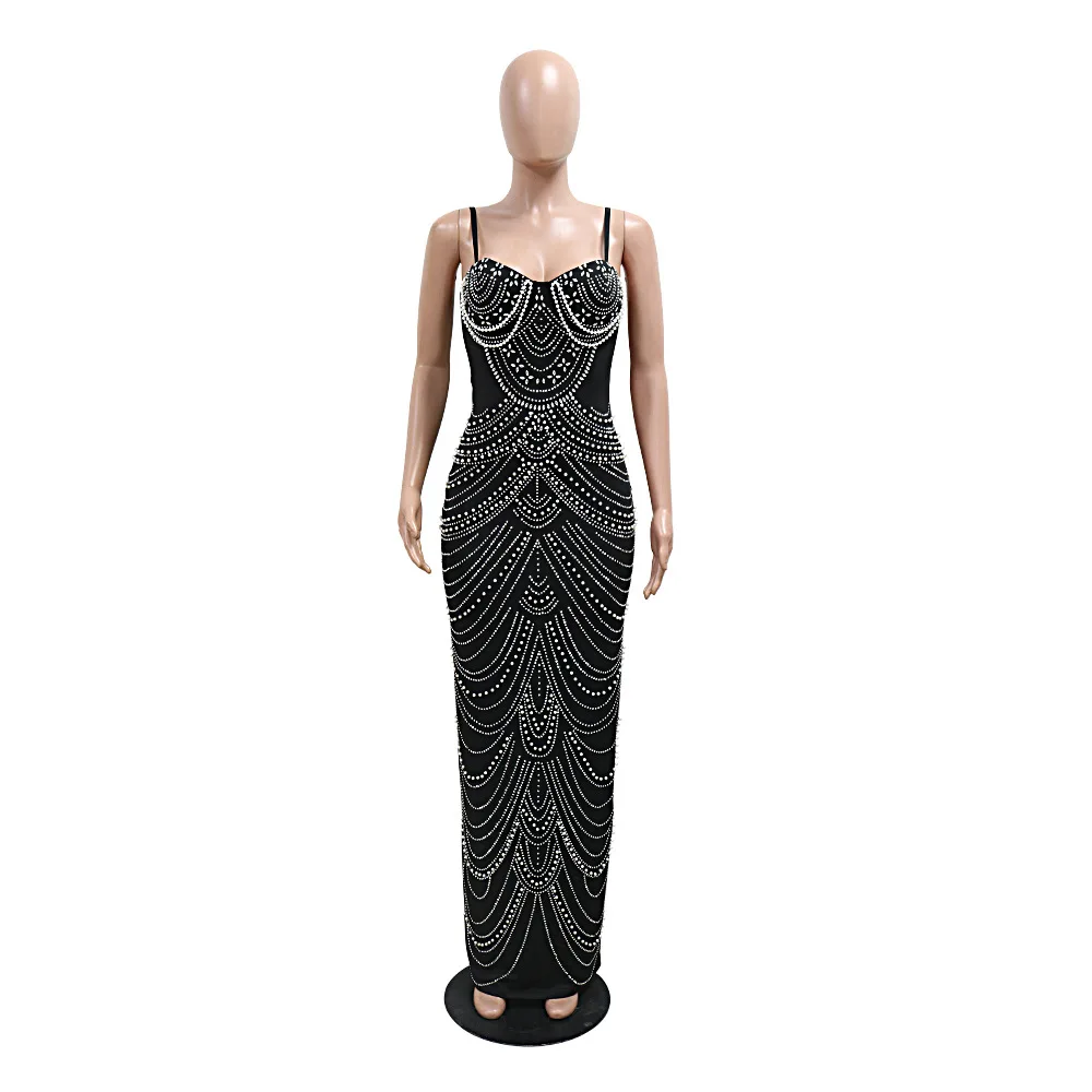CM.YAYA Women Diamonds Hot Rhinestones Pearl Strapless Bodycon Long Maxi Dress 2024 Sexy Street Evening Party Club Long Dresses