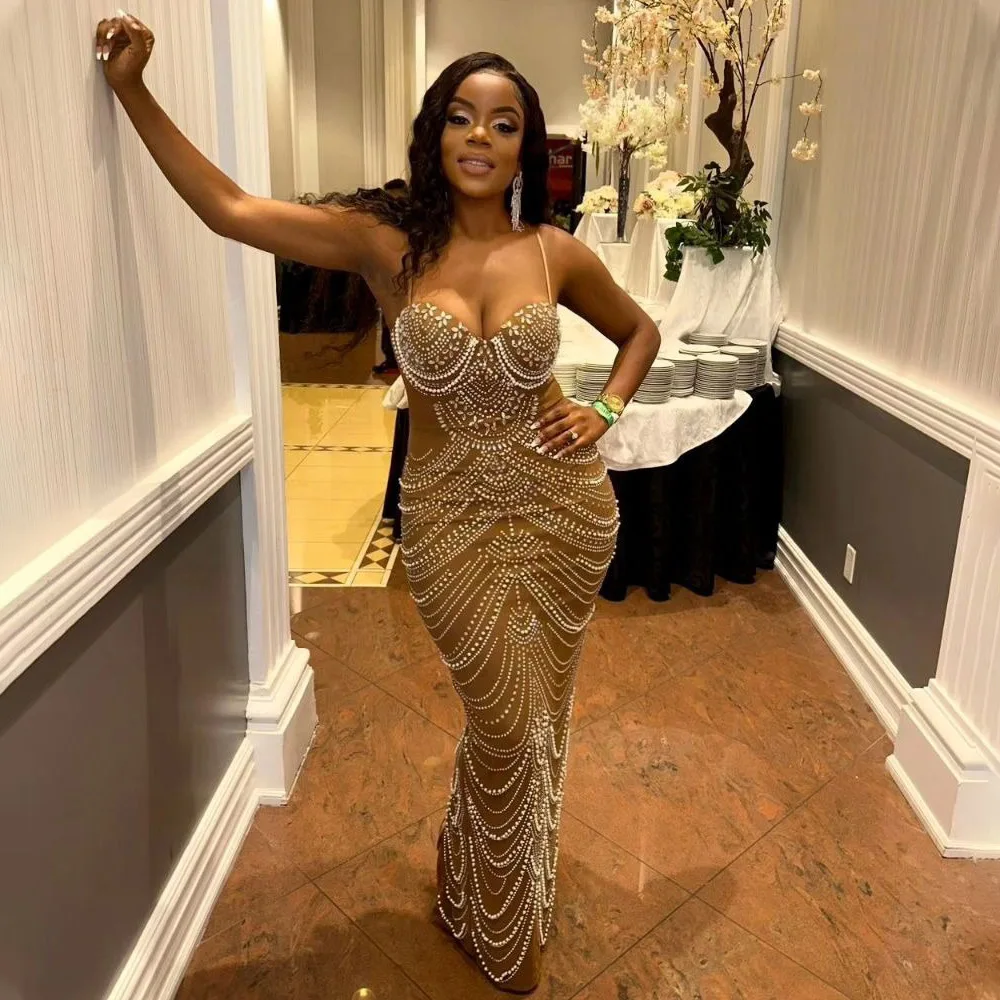 CM.YAYA Women Diamonds Hot Rhinestones Pearl Strapless Bodycon Long Maxi Dress 2024 Sexy Street Evening Party Club Long Dresses