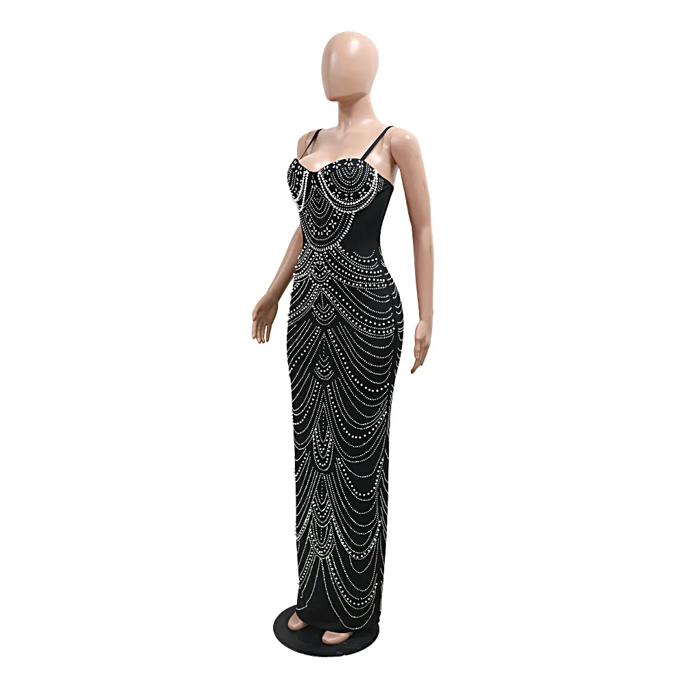CM.YAYA Women Diamonds Hot Rhinestones Pearl Strapless Bodycon Long Maxi Dress 2024 Sexy Street Evening Party Club Long Dresses
