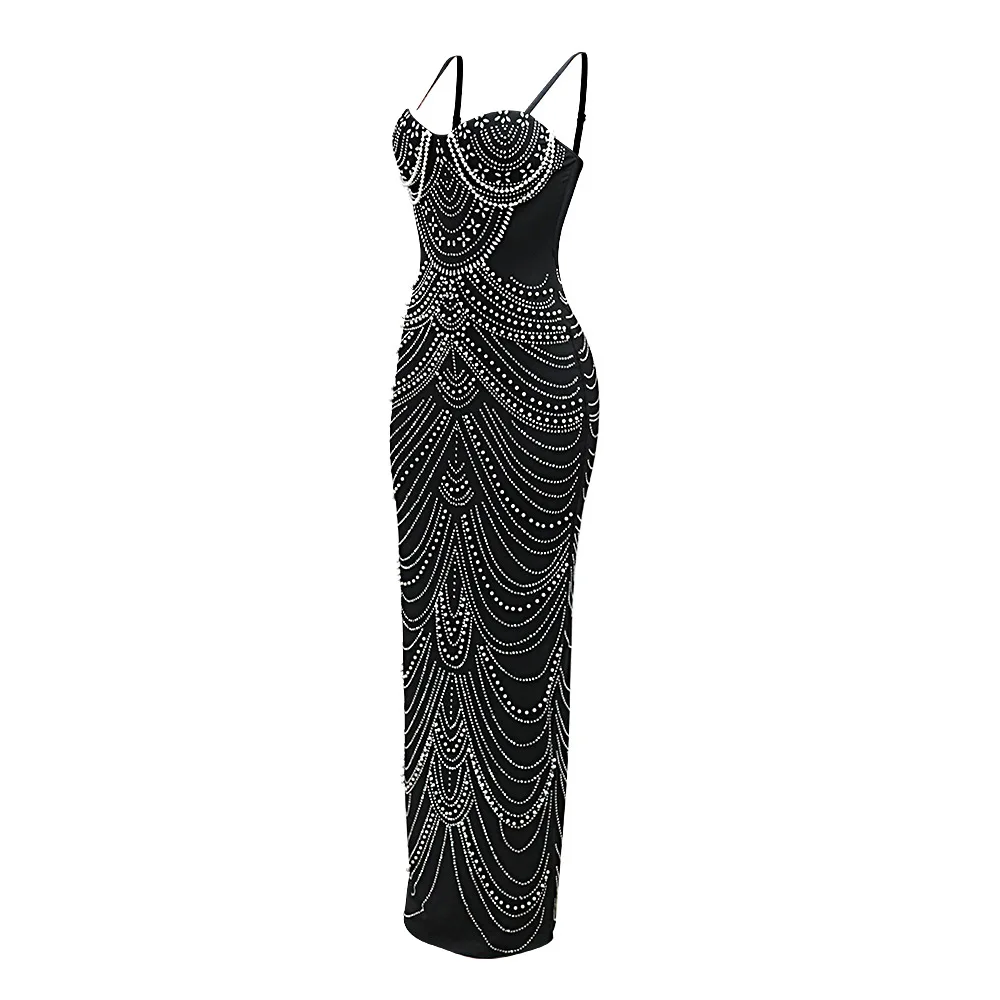 CM.YAYA Women Diamonds Hot Rhinestones Pearl Strapless Bodycon Long Maxi Dress 2024 Sexy Street Evening Party Club Long Dresses