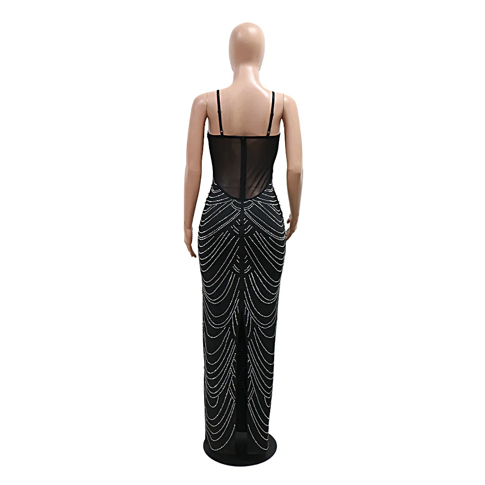 CM.YAYA Women Diamonds Hot Rhinestones Pearl Strapless Bodycon Long Maxi Dress 2024 Sexy Street Evening Party Club Long Dresses
