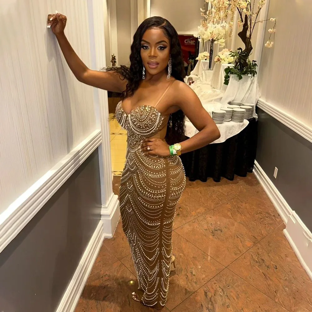 CM.YAYA Women Diamonds Hot Rhinestones Pearl Strapless Bodycon Long Maxi Dress 2024 Sexy Street Evening Party Club Long Dresses