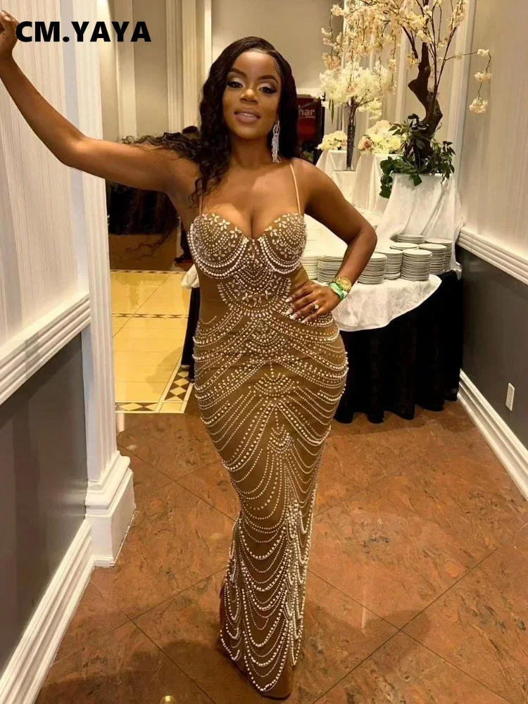 CM.YAYA Women Diamonds Hot Rhinestones Pearl Strapless Bodycon Long Maxi Dress 2024 Sexy Street Evening Party Club Long Dresses