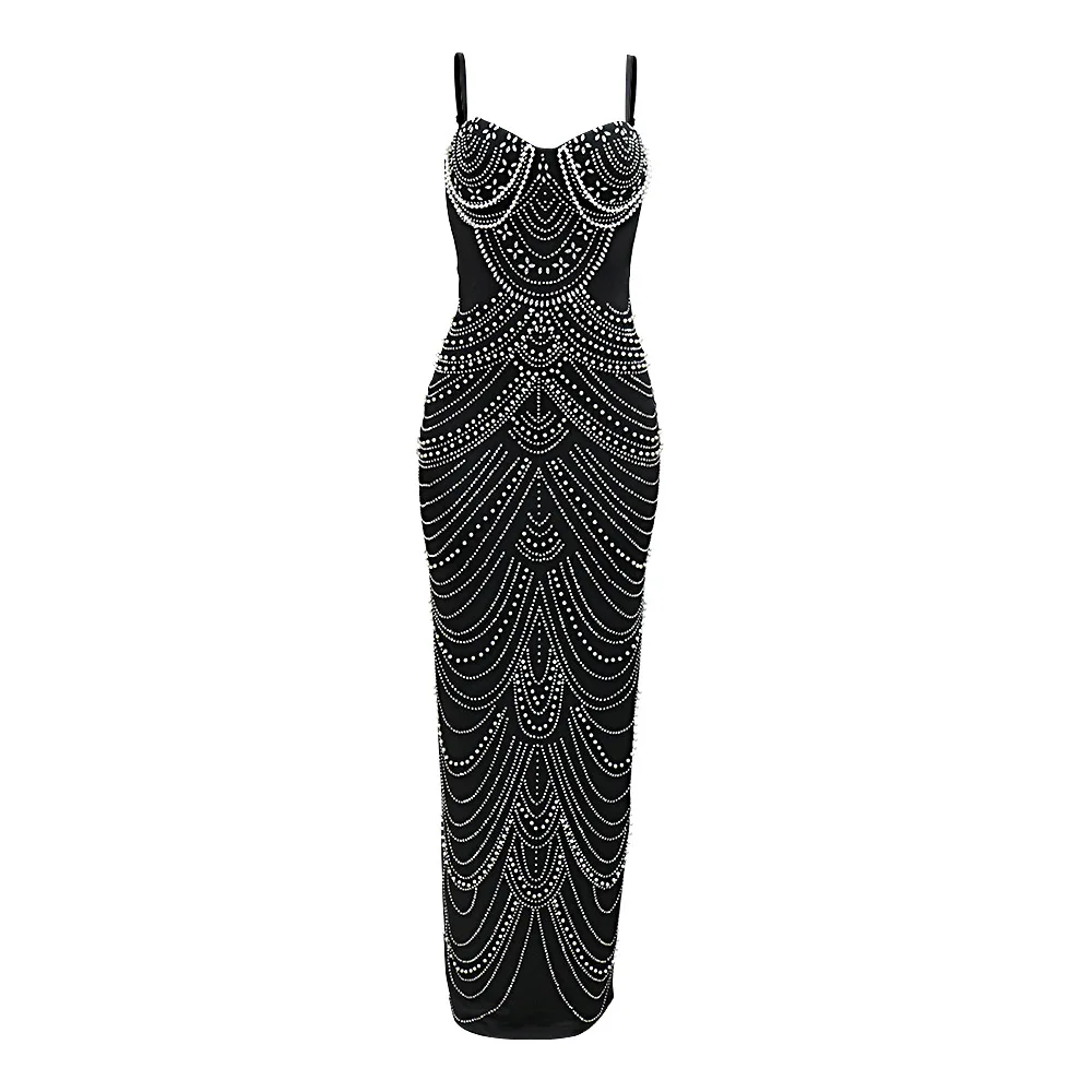 CM.YAYA Women Diamonds Hot Rhinestones Pearl Strapless Bodycon Long Maxi Dress 2024 Sexy Street Evening Party Club Long Dresses
