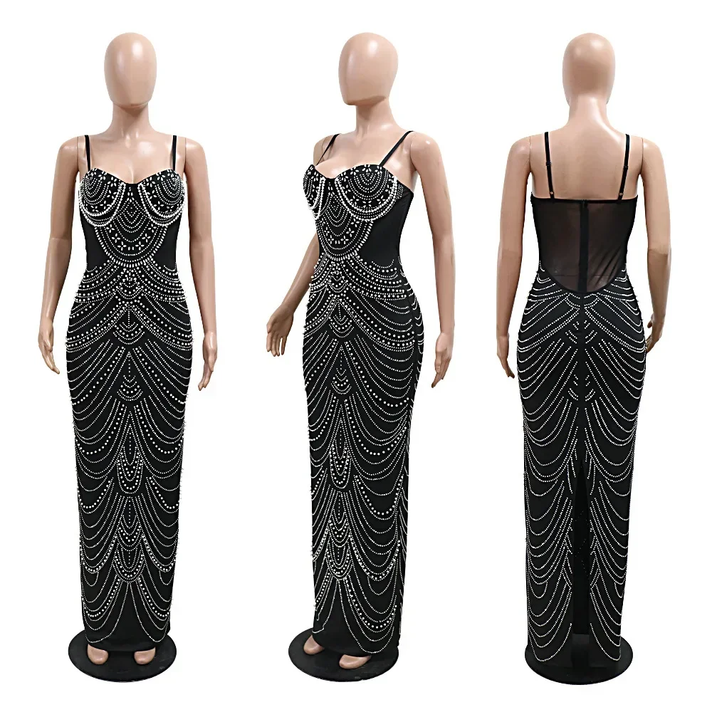 CM.YAYA Women Diamonds Hot Rhinestones Pearl Strapless Bodycon Long Maxi Dress 2024 Sexy Street Evening Party Club Long Dresses