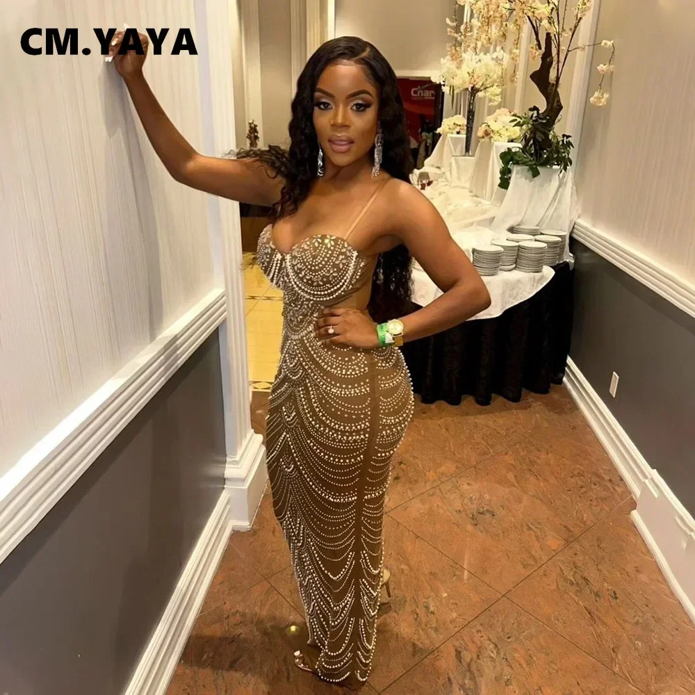 CM.YAYA Women Diamonds Hot Rhinestones Pearl Strapless Bodycon Long Maxi Dress 2024 Sexy Street Evening Party Club Long Dresses