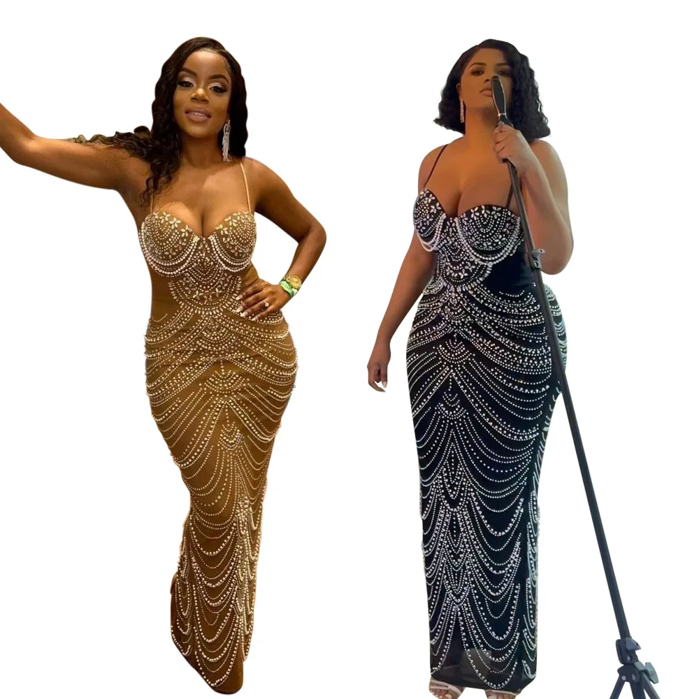 CM.YAYA Women Diamonds Hot Rhinestones Pearl Strapless Bodycon Long Maxi Dress 2024 Sexy Street Evening Party Club Long Dresses