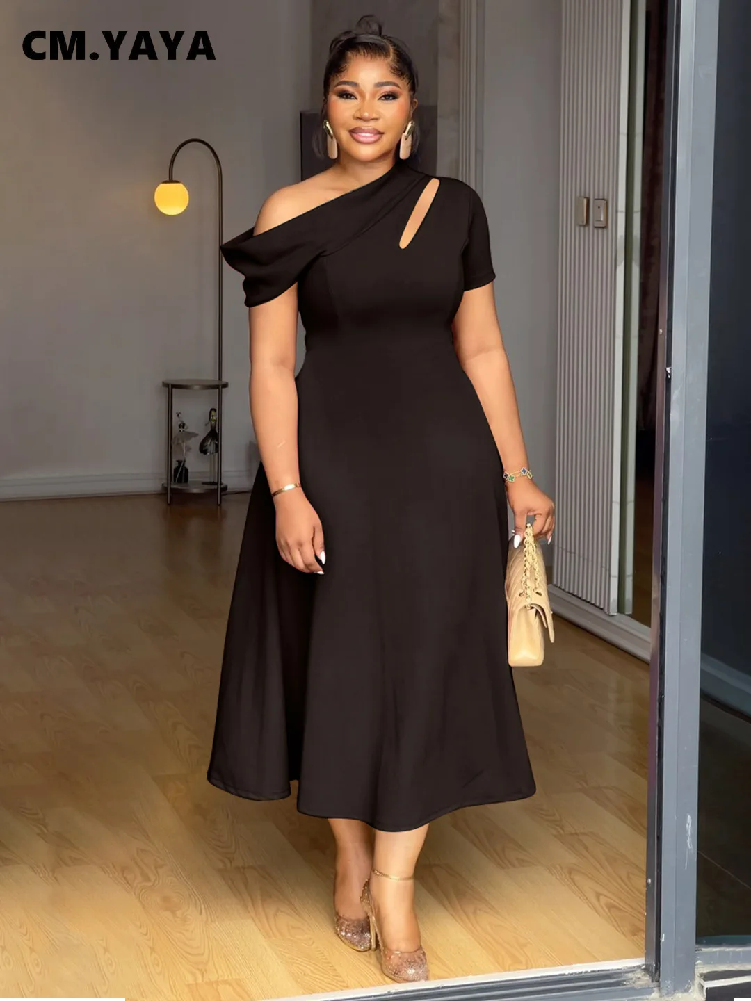CM.YAYA Plus Size Women Off Shoulder Big Swing A-line Short Sleeve Maxi Long Dress 2025 Birthday Vacation Sexy Party Dresses