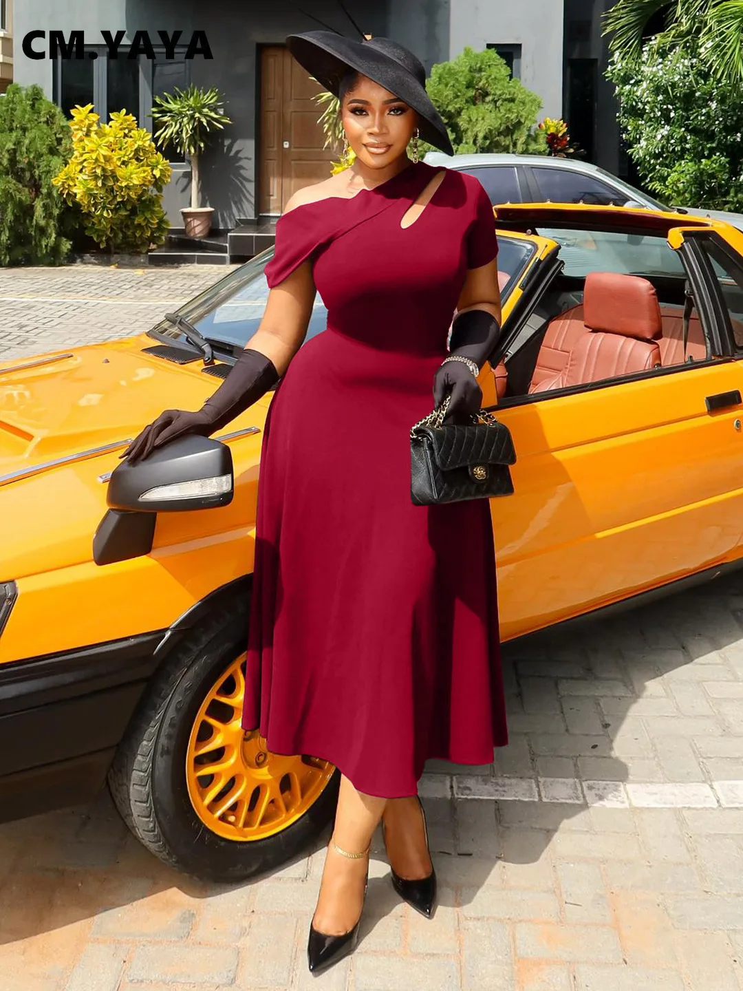 CM.YAYA Plus Size Women Off Shoulder Big Swing A-line Short Sleeve Maxi Long Dress 2025 Birthday Vacation Sexy Party Dresses