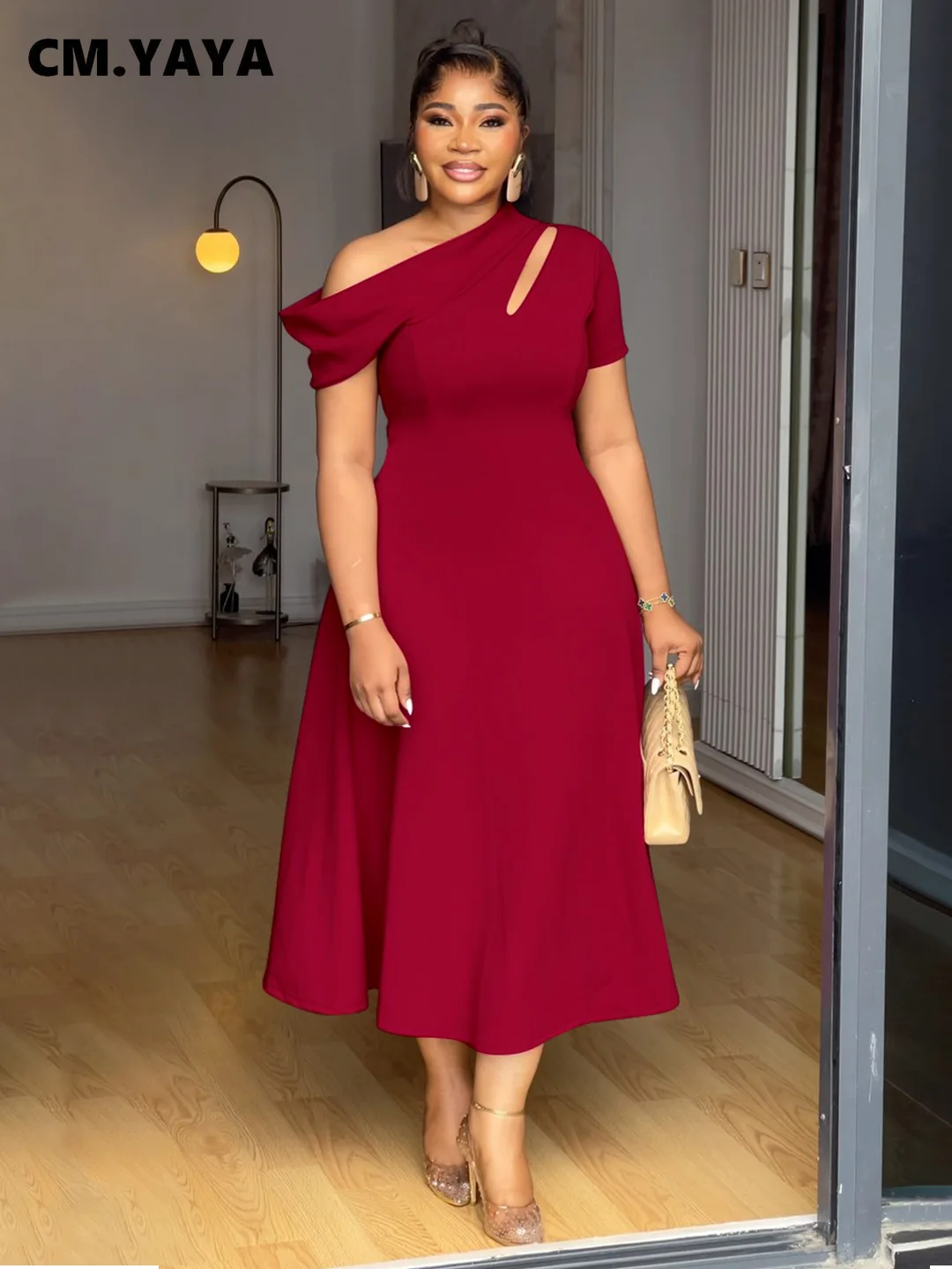 CM.YAYA Plus Size Women Off Shoulder Big Swing A-line Short Sleeve Maxi Long Dress 2025 Birthday Vacation Sexy Party Dresses