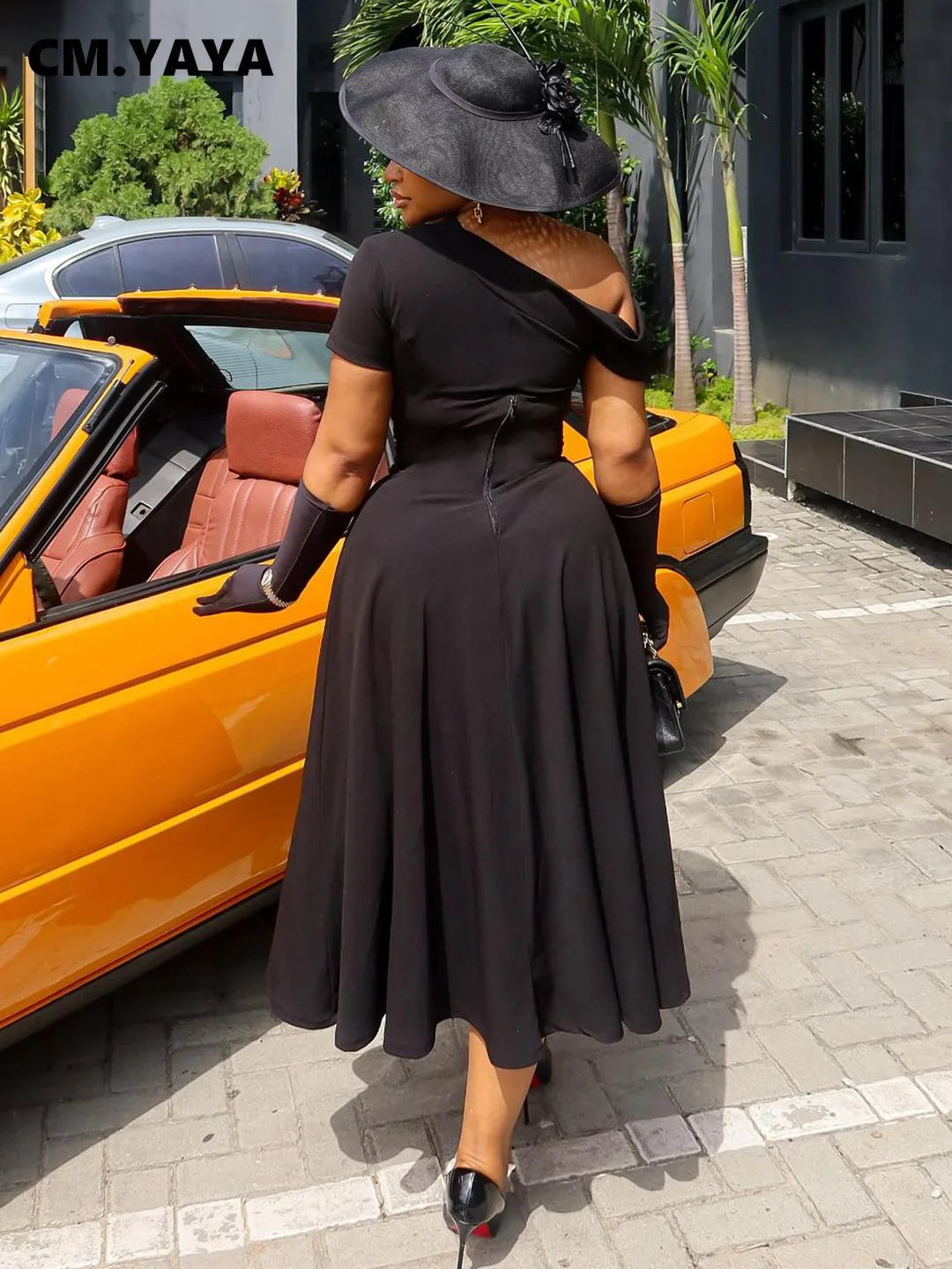 CM.YAYA Plus Size Women Off Shoulder Big Swing A-line Short Sleeve Maxi Long Dress 2025 Birthday Vacation Sexy Party Dresses