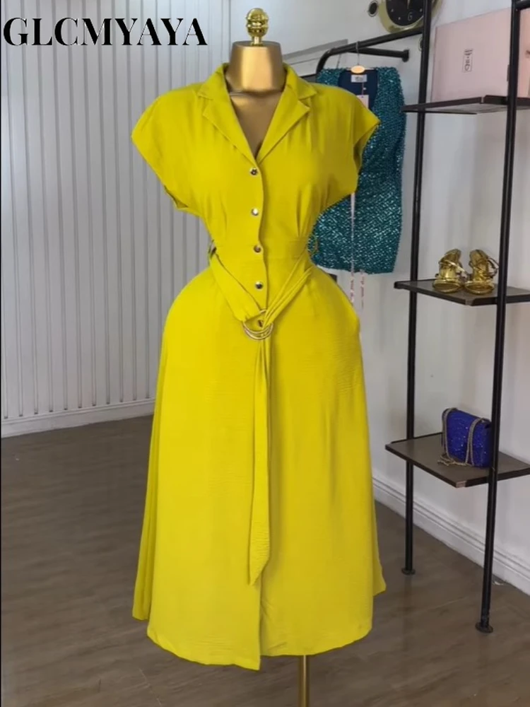 GLCMYAYA Women Single Breasted Short Sleeve with Sashes Shirt Dress 2025 Summer Vacation Holiday Party Birthday Dresses Vestiods