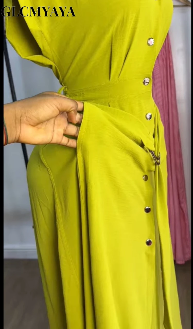 GLCMYAYA Women Single Breasted Short Sleeve with Sashes Shirt Dress 2025 Summer Vacation Holiday Party Birthday Dresses Vestiods