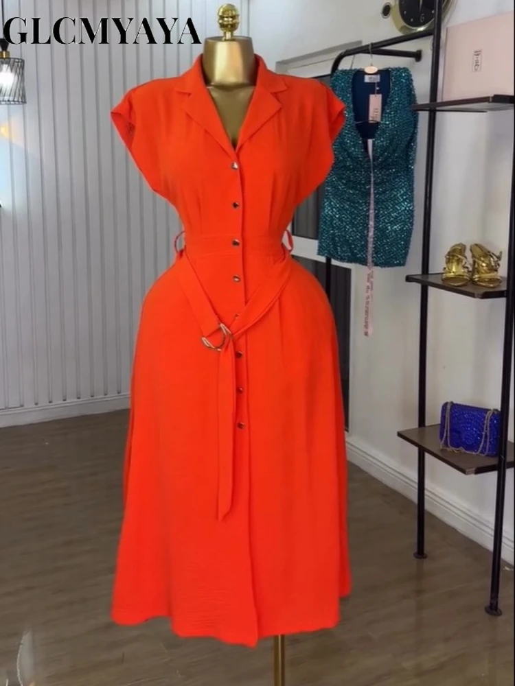 GLCMYAYA Women Single Breasted Short Sleeve with Sashes Shirt Dress 2025 Summer Vacation Holiday Party Birthday Dresses Vestiods