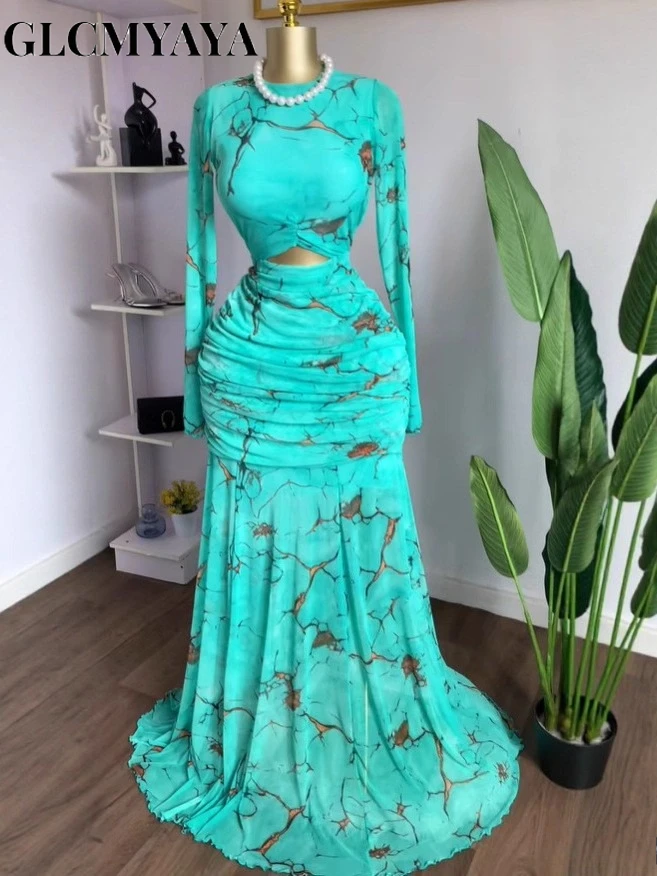 GLCMYAYA 2025 Fall Women O-neck Long Sleeve Print Mermaid Maxi Dress 2025 Evening Birthday Beach Sexy Night Party Long Dresses