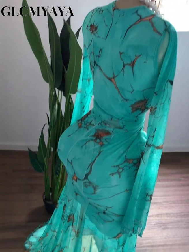 GLCMYAYA 2025 Fall Women O-neck Long Sleeve Print Mermaid Maxi Dress 2025 Evening Birthday Beach Sexy Night Party Long Dresses