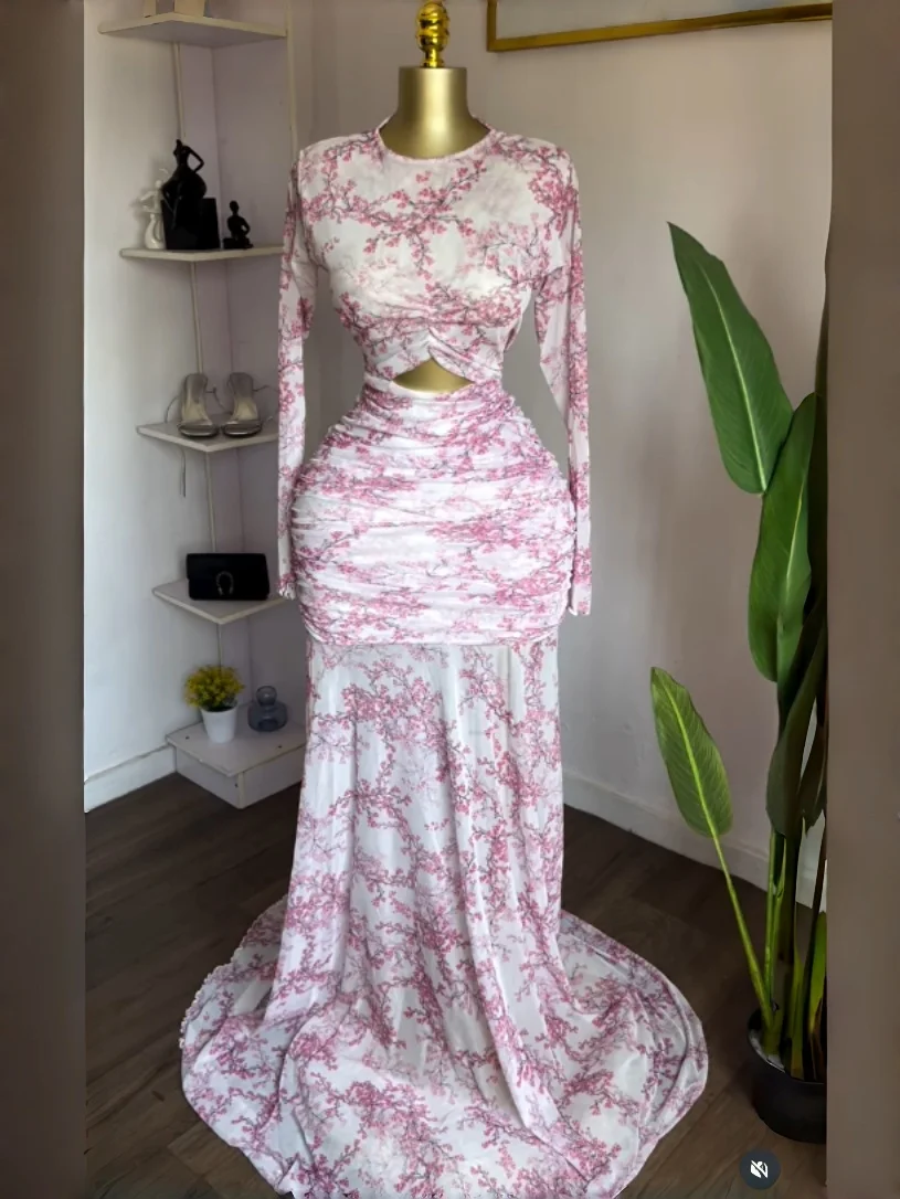 GLCMYAYA 2025 Fall Women O-neck Long Sleeve Print Mermaid Maxi Dress 2025 Evening Birthday Beach Sexy Night Party Long Dresses